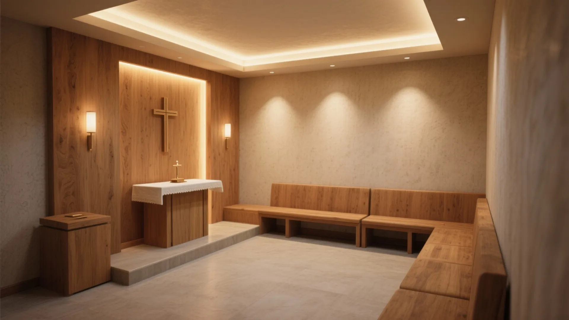 Minimalist prayer room featuring wooden benches, small altar with cross, and warm wood wall panels