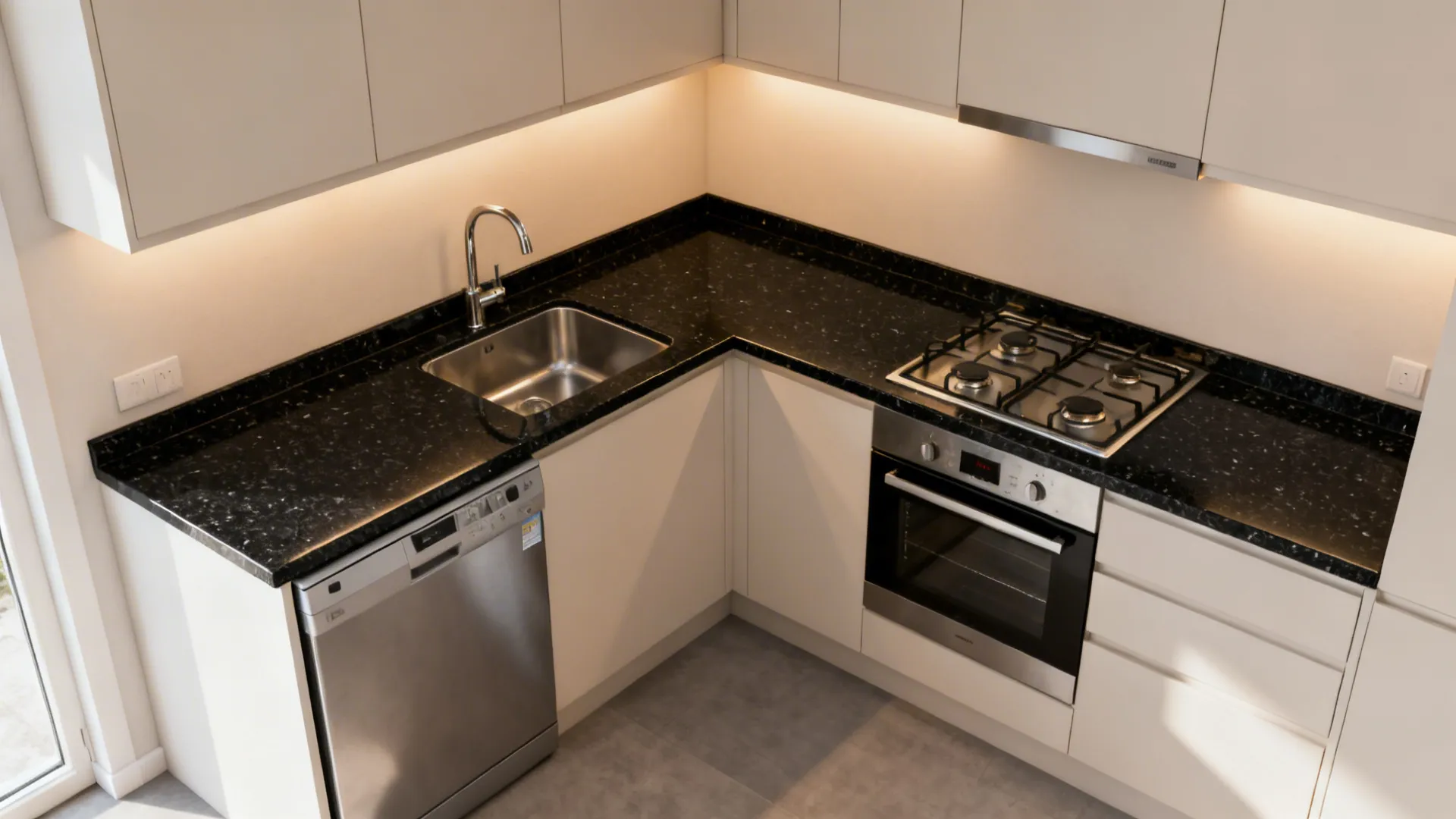 Compact L-shaped kitchen with continuous black granite worktop and clear prep zones