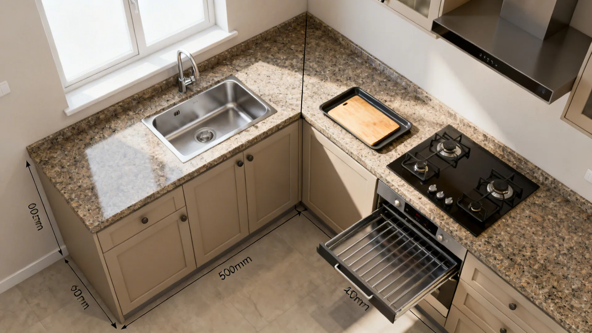 Top-down view of an L-shaped small kitchen with continuous granite and an efficient work triangle.