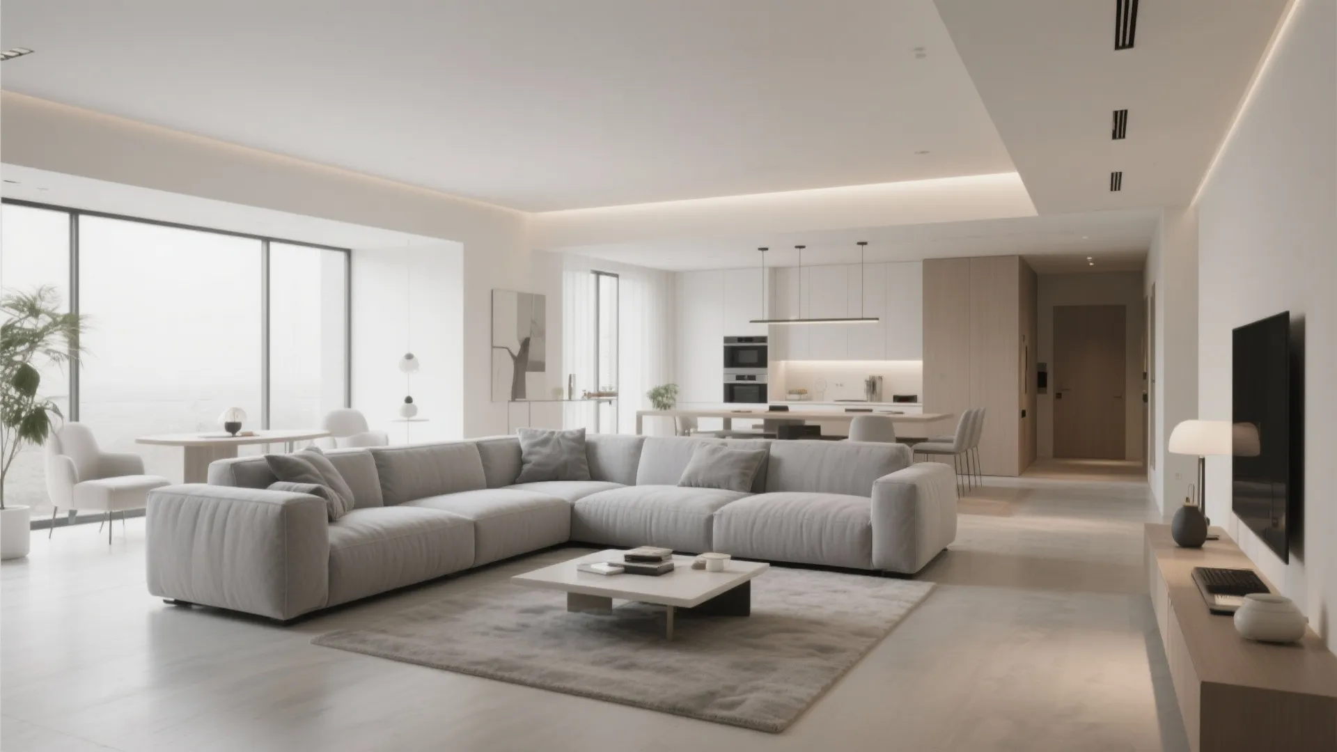 Modern open living room with gray sofa, white coffee table, rug, and kitchen in background