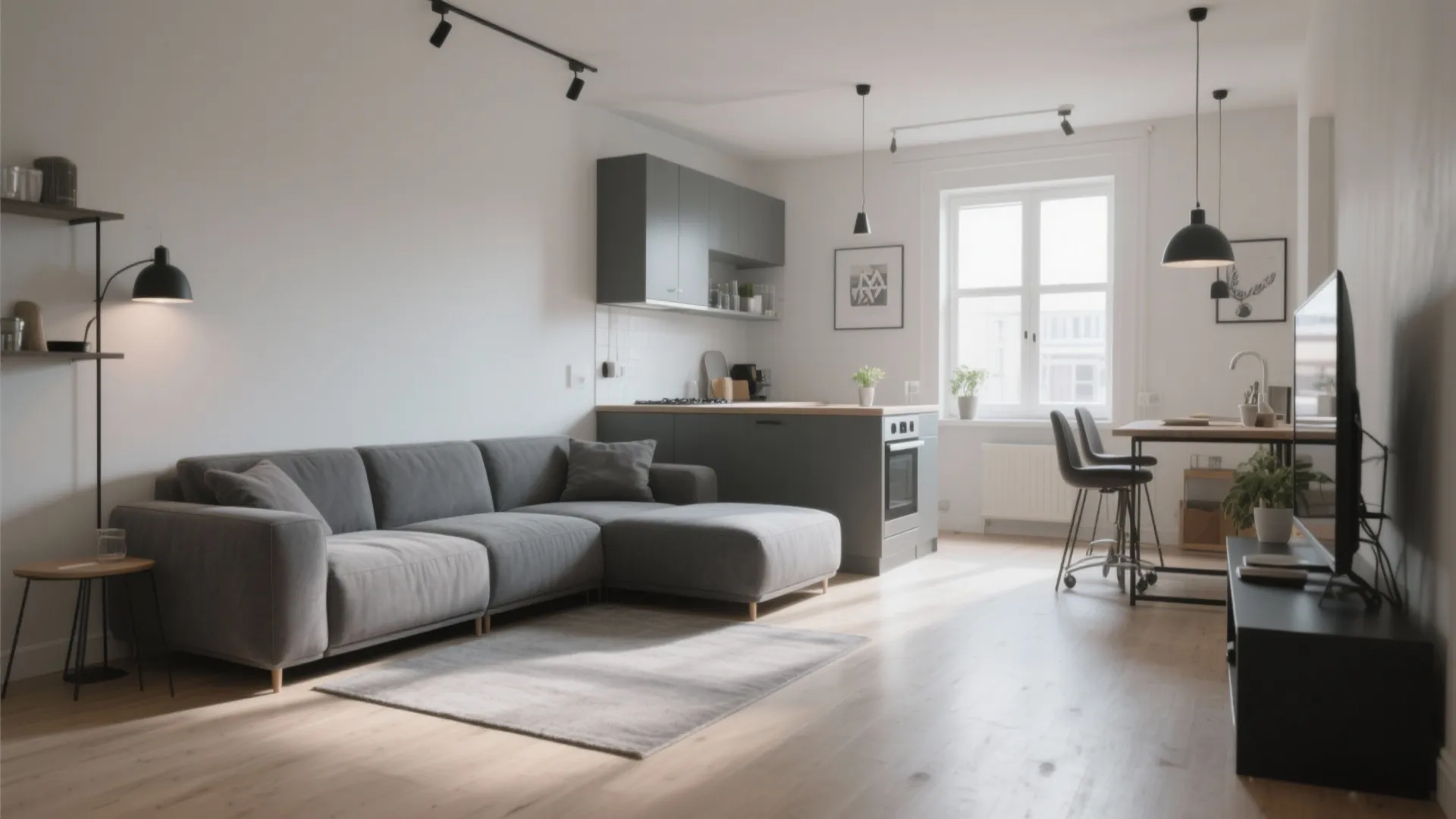 Modern open studio apartment featuring grey sofa wood flooring small kitchen area and black ceiling lights