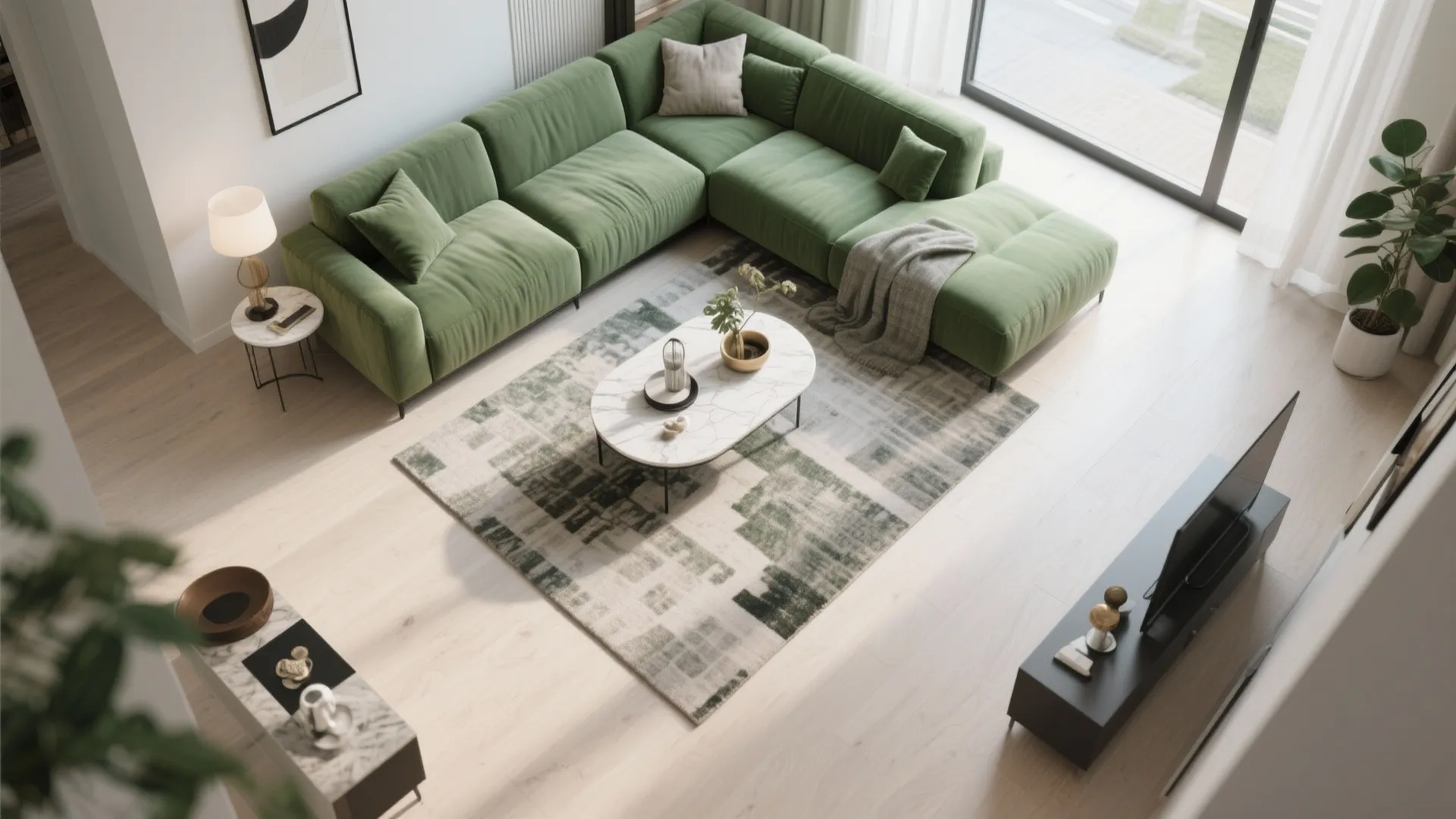Modern room layout from above with green sofa, marble coffee table, rug, and wooden floor