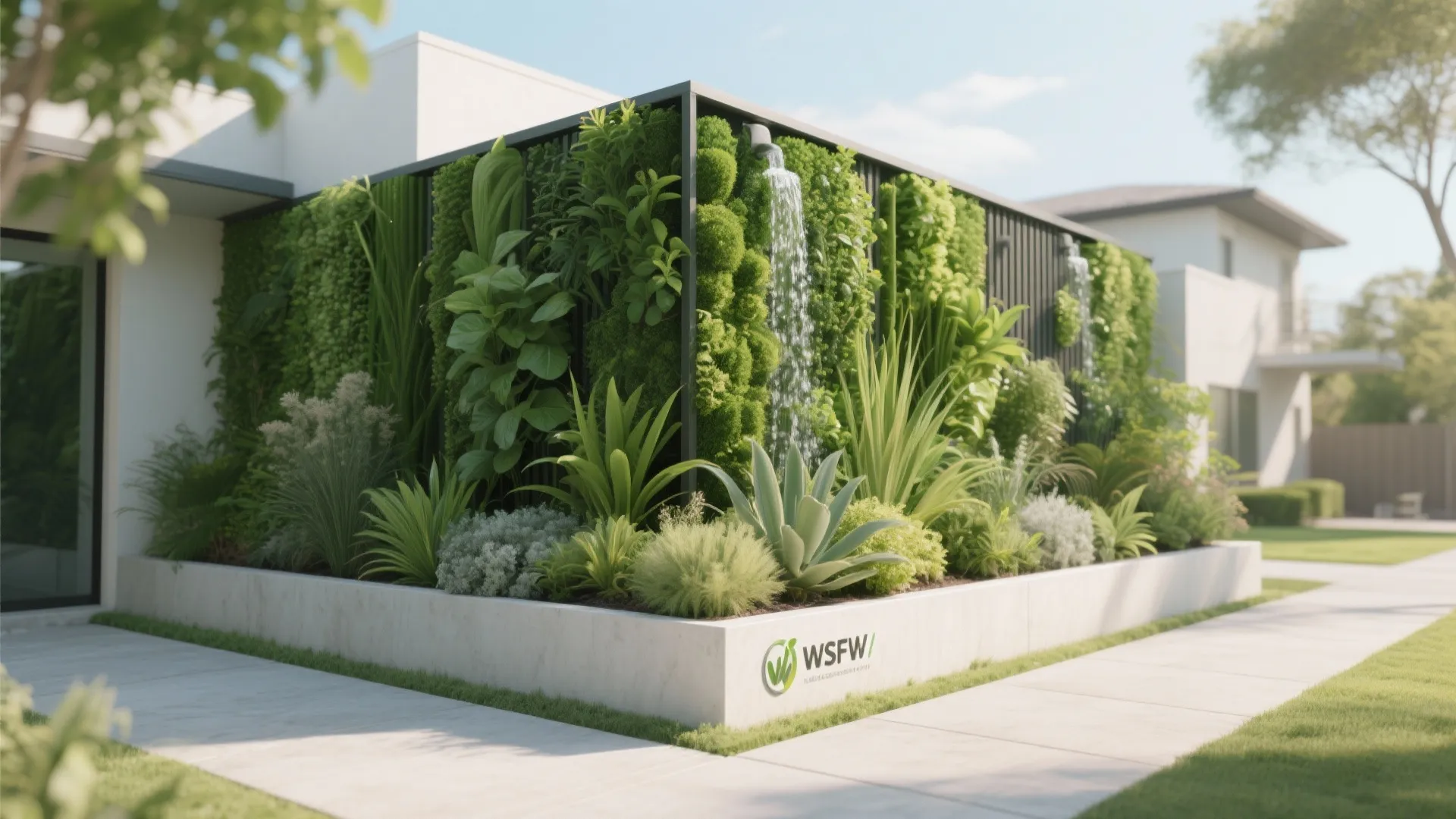 Outdoor L-shaped green wall with a small waterfall feature green plants and white stone planter