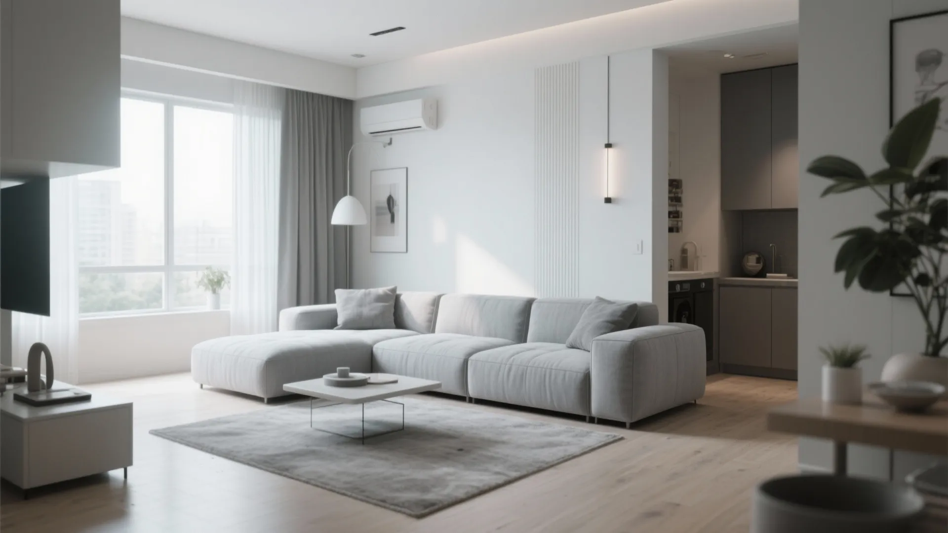 Light grey L-shaped sectional sofa in small living room layout