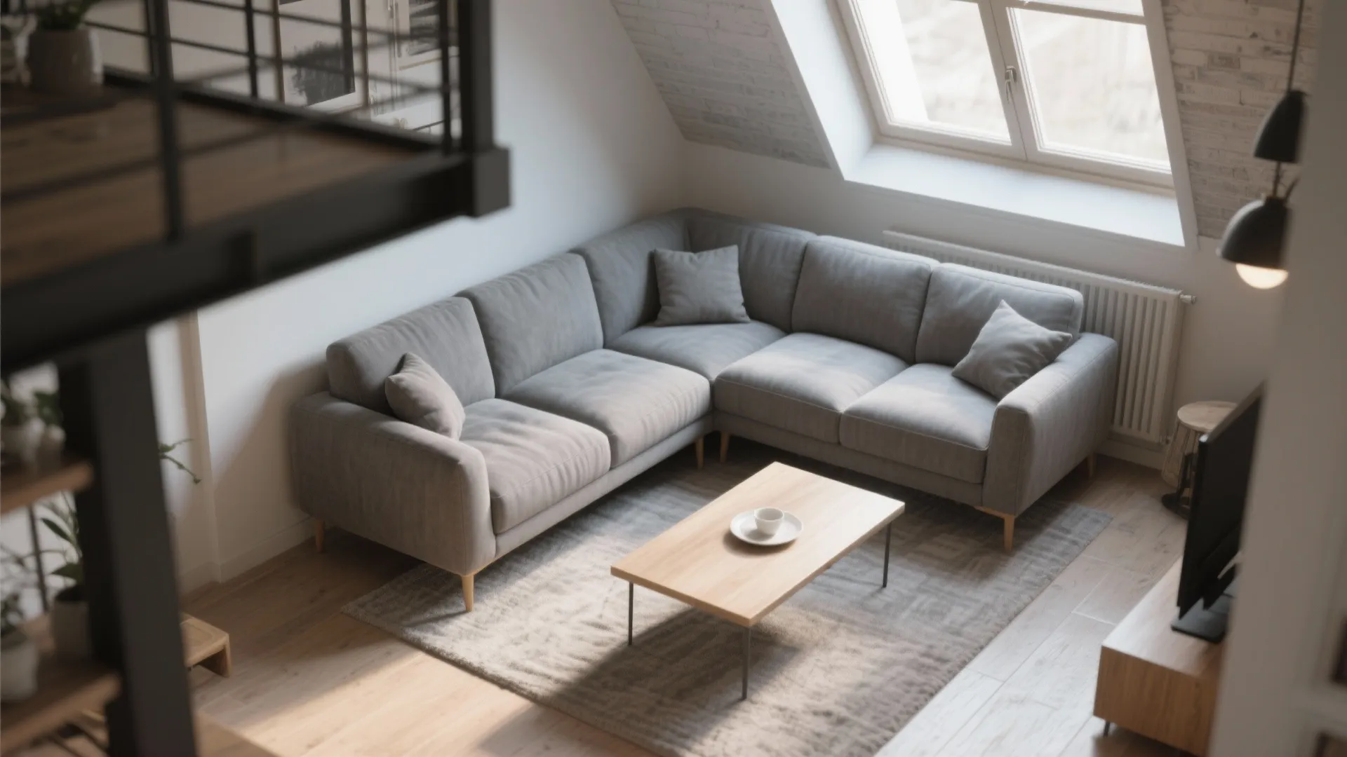 Modern attic living room with grey corner sofa wooden coffee table rug and large window