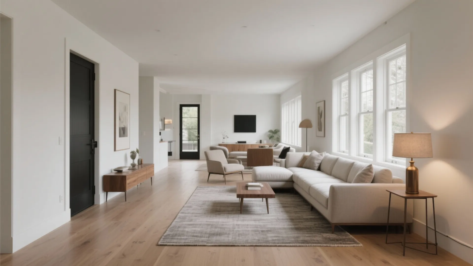 Modern white living room with beige sofa wood floor large windows and black door design