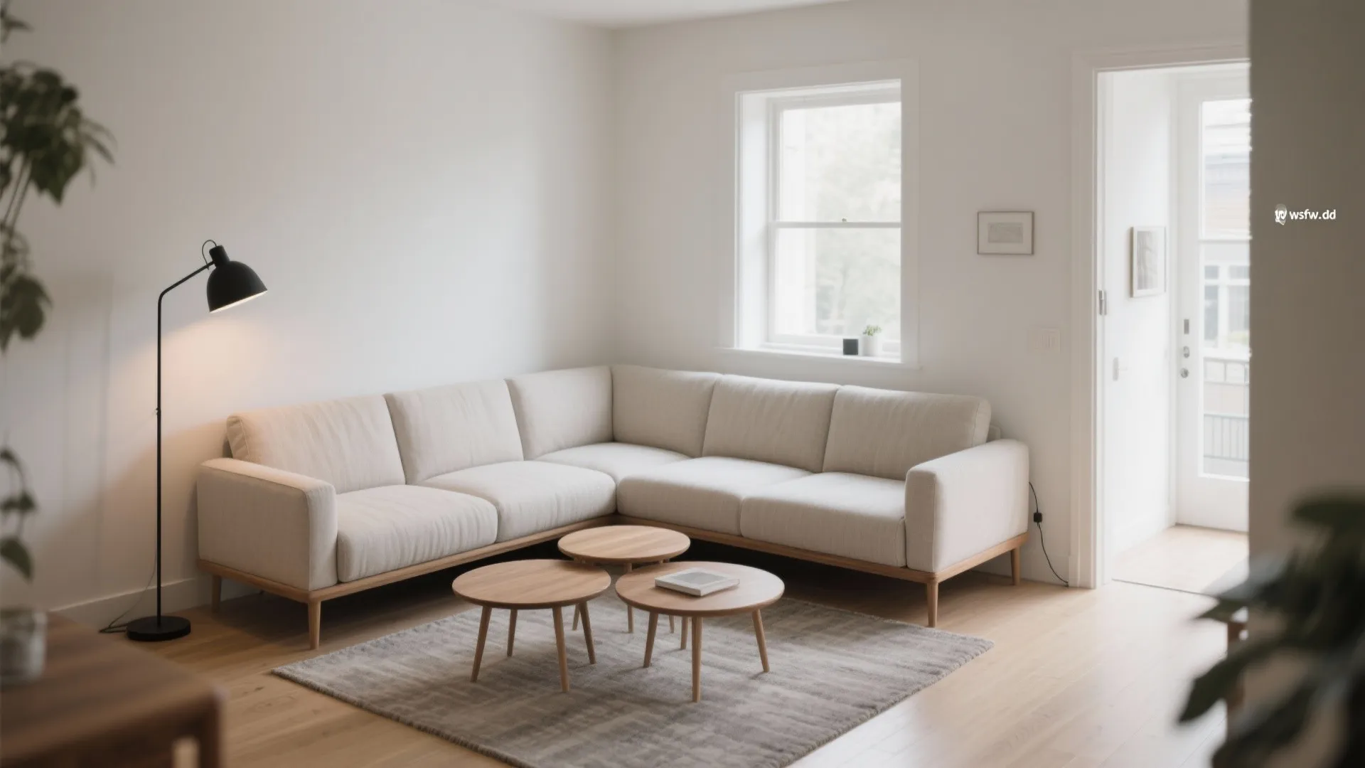 Minimalist living room with beige sofa three round wooden coffee tables black floor lamp windows