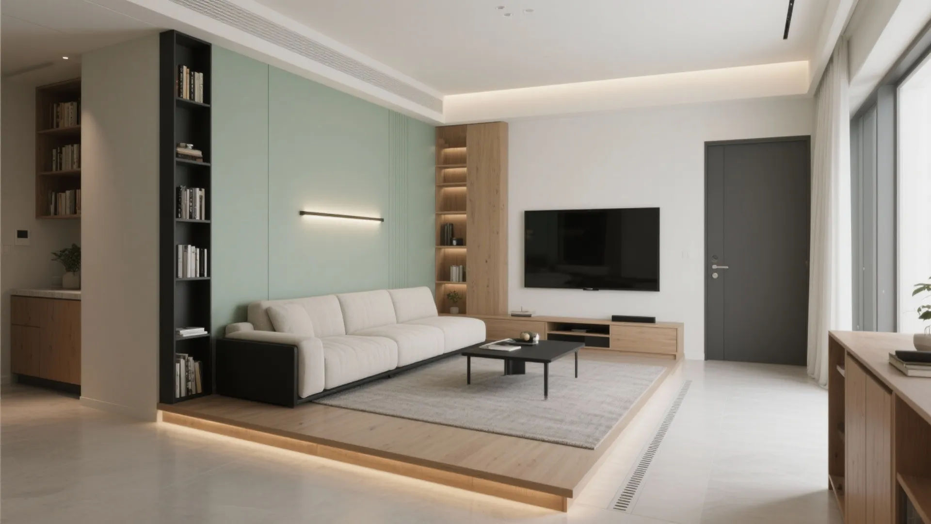 L-Shaped Seating and Zoning for a Small Hall