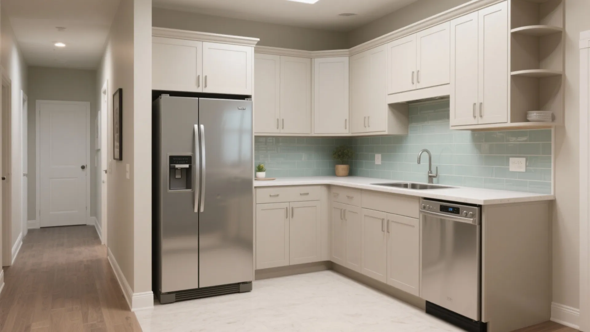 L-shaped kitchen hugging the hall