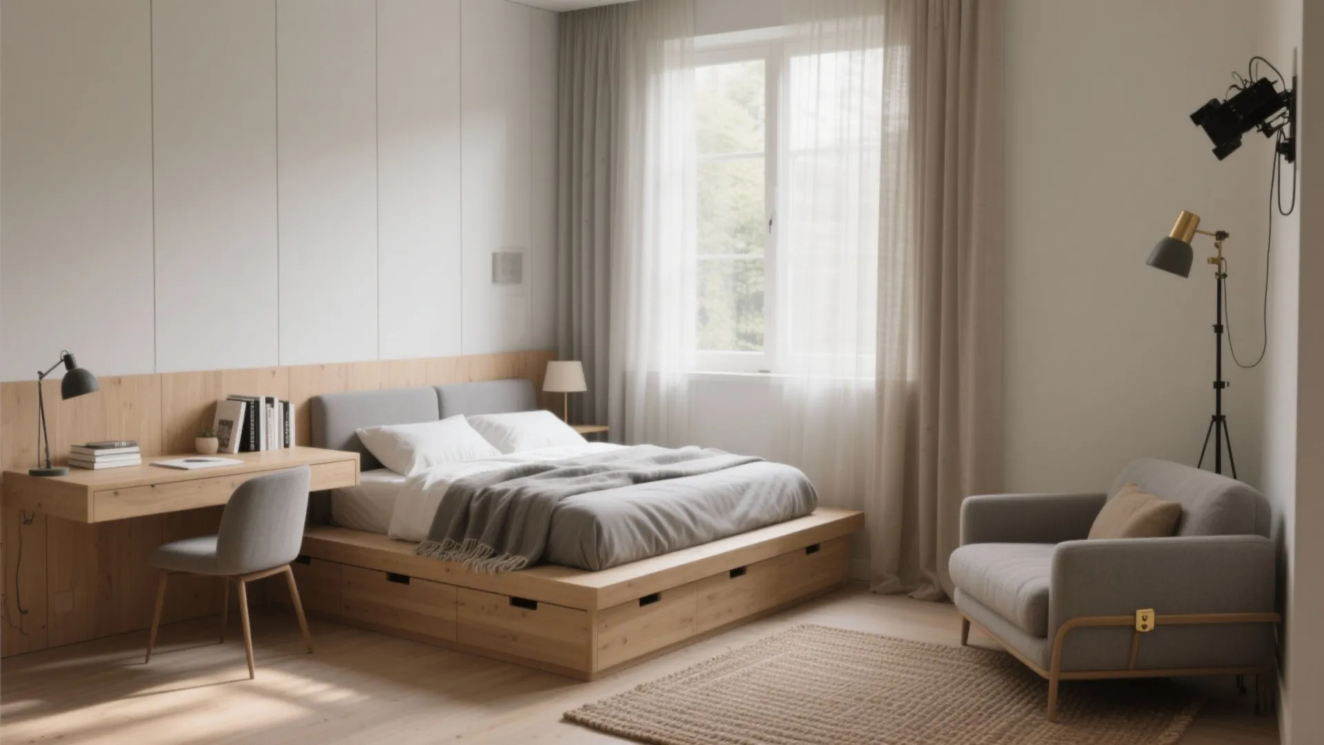 Modern bedroom with wooden platform bed integrated desk grey sofa rug and large window with curtains