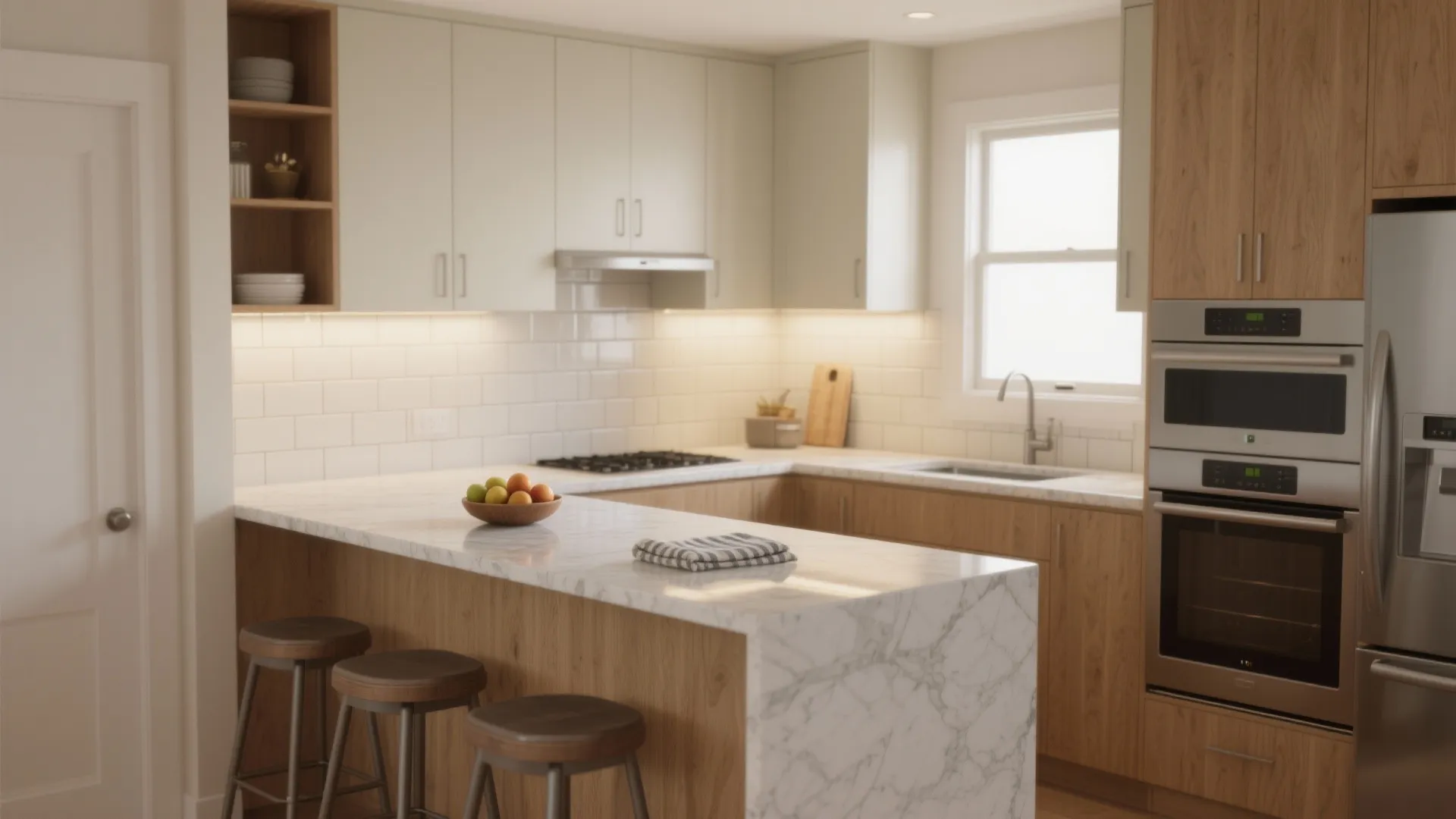 Modern L-shaped kitchen with wooden cabinets white marble counters three bar stools and stainless appliances