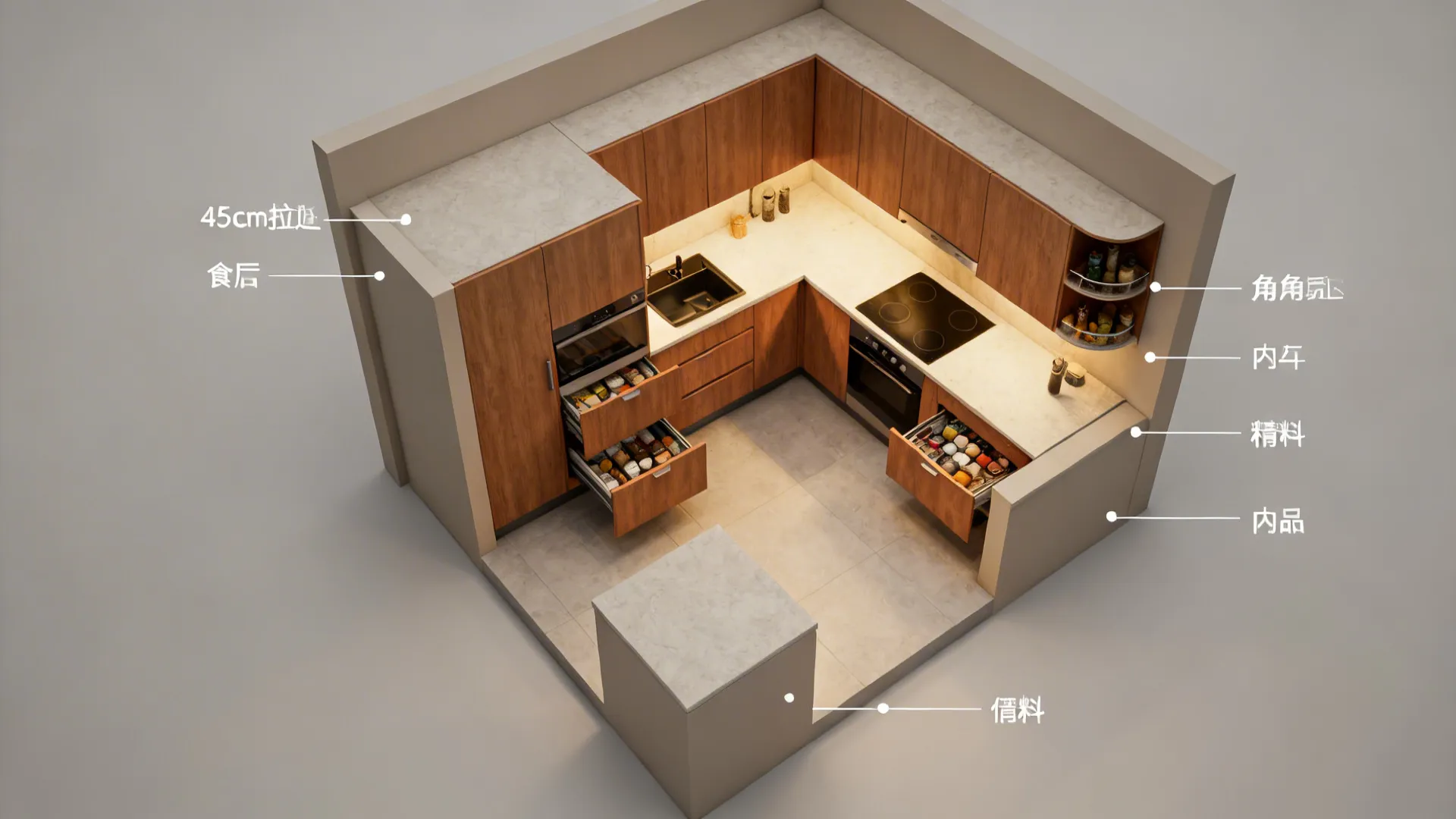 Top-down view of an L-shaped compact kitchen with pull-out pantry and corner carousel storage.
