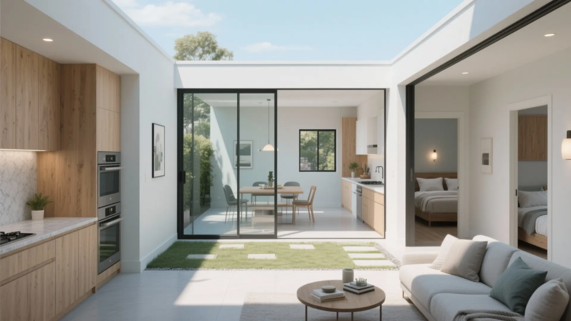 Modern home interior showing living room kitchen and courtyard through large sliding glass doors and windows