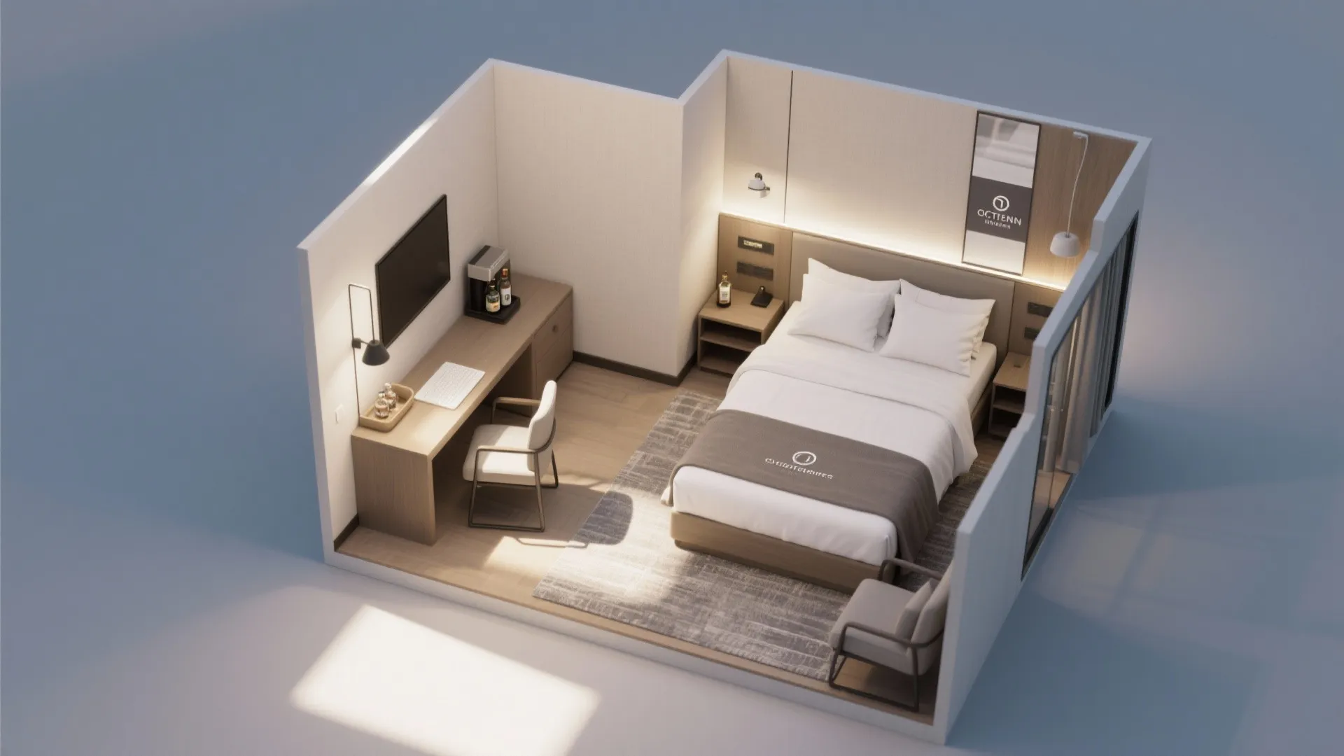 Interior design drawing of a hotel room with bed desk chair and wooden floor layout