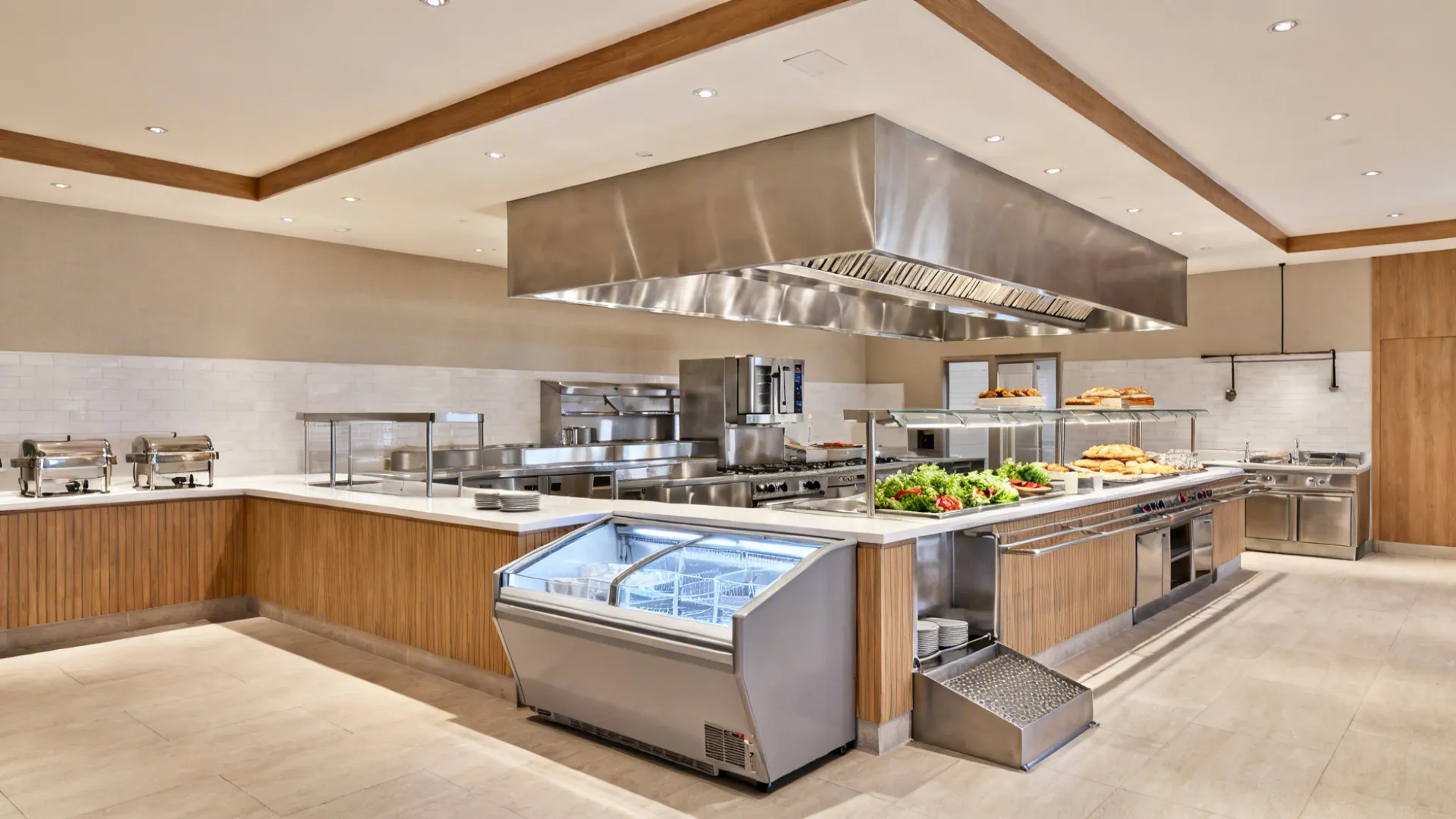 Large commercial kitchen with stainless steel appliances food display counters salad bar and wood cabinets