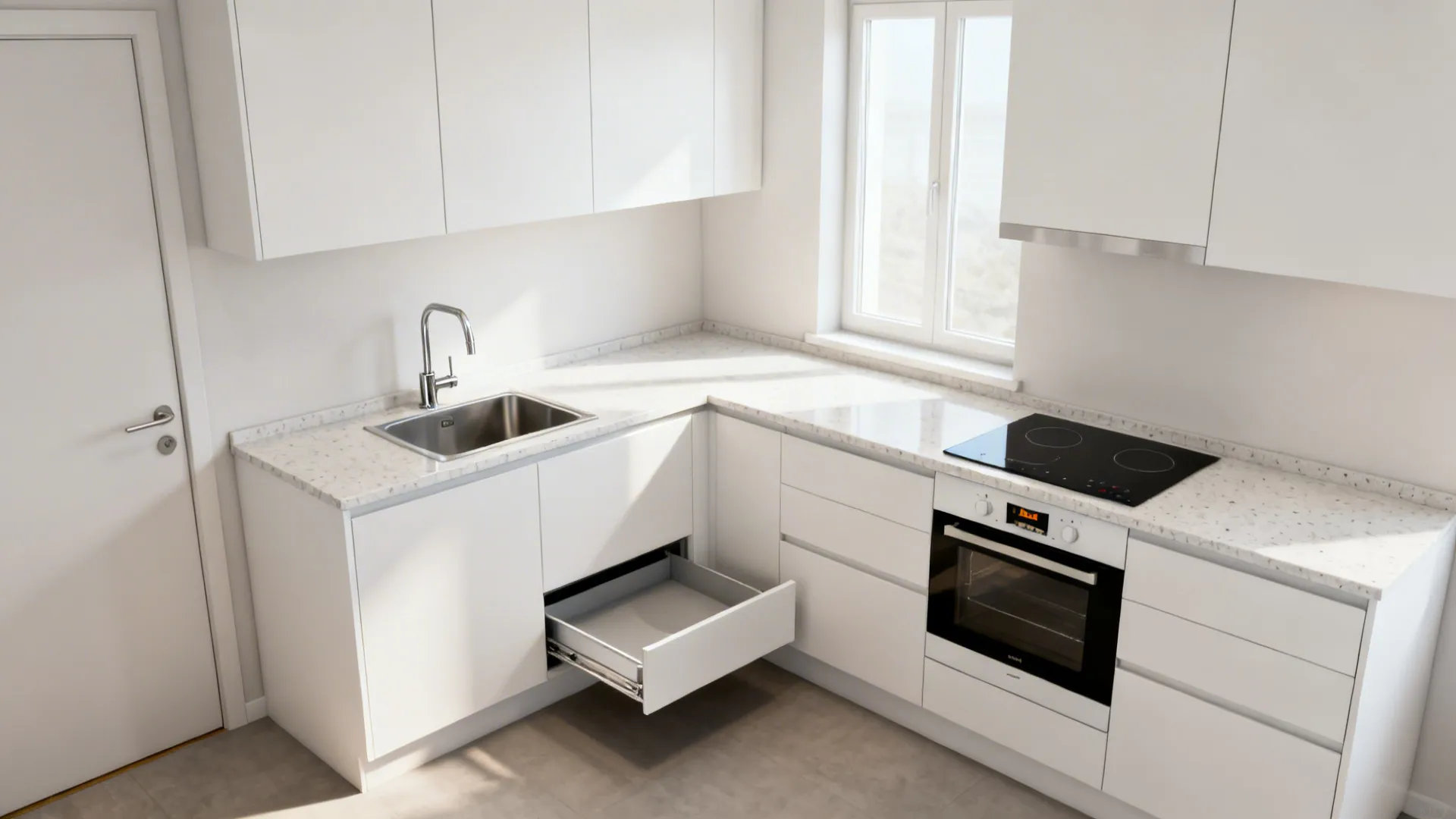 L-shaped layout that frees counter space