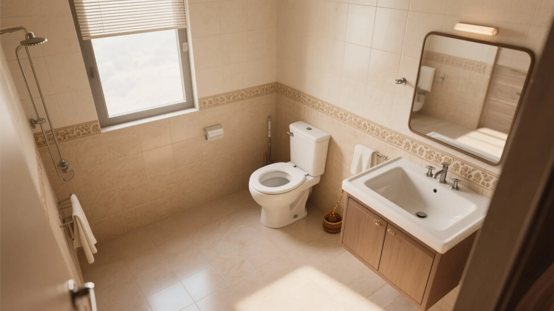 Small bathroom layout with a white toilet sink cabinet shower head and a bright window