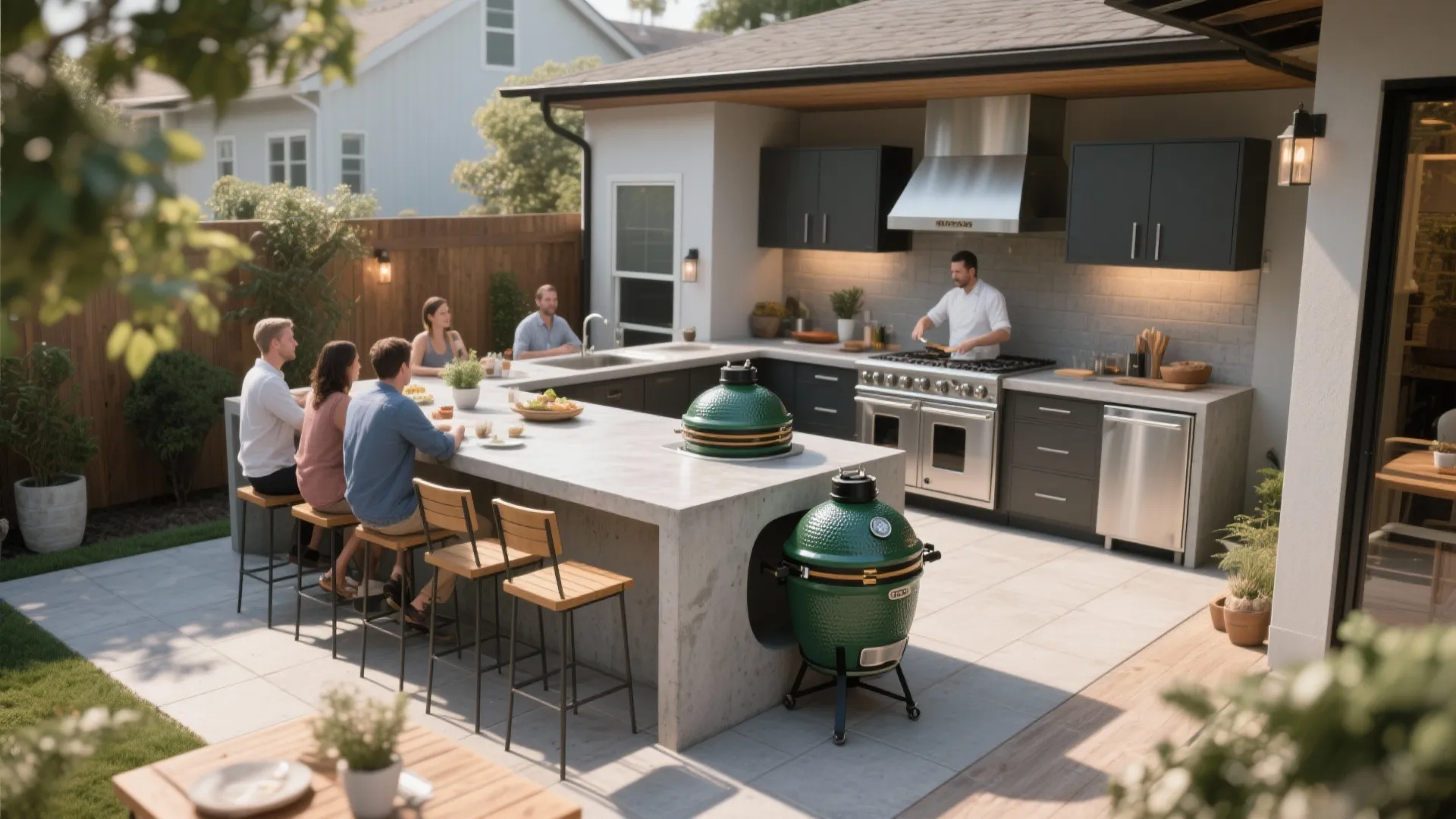 L-shaped outdoor island with a recessed Big Green Egg and seating area, viewed wide-angle.