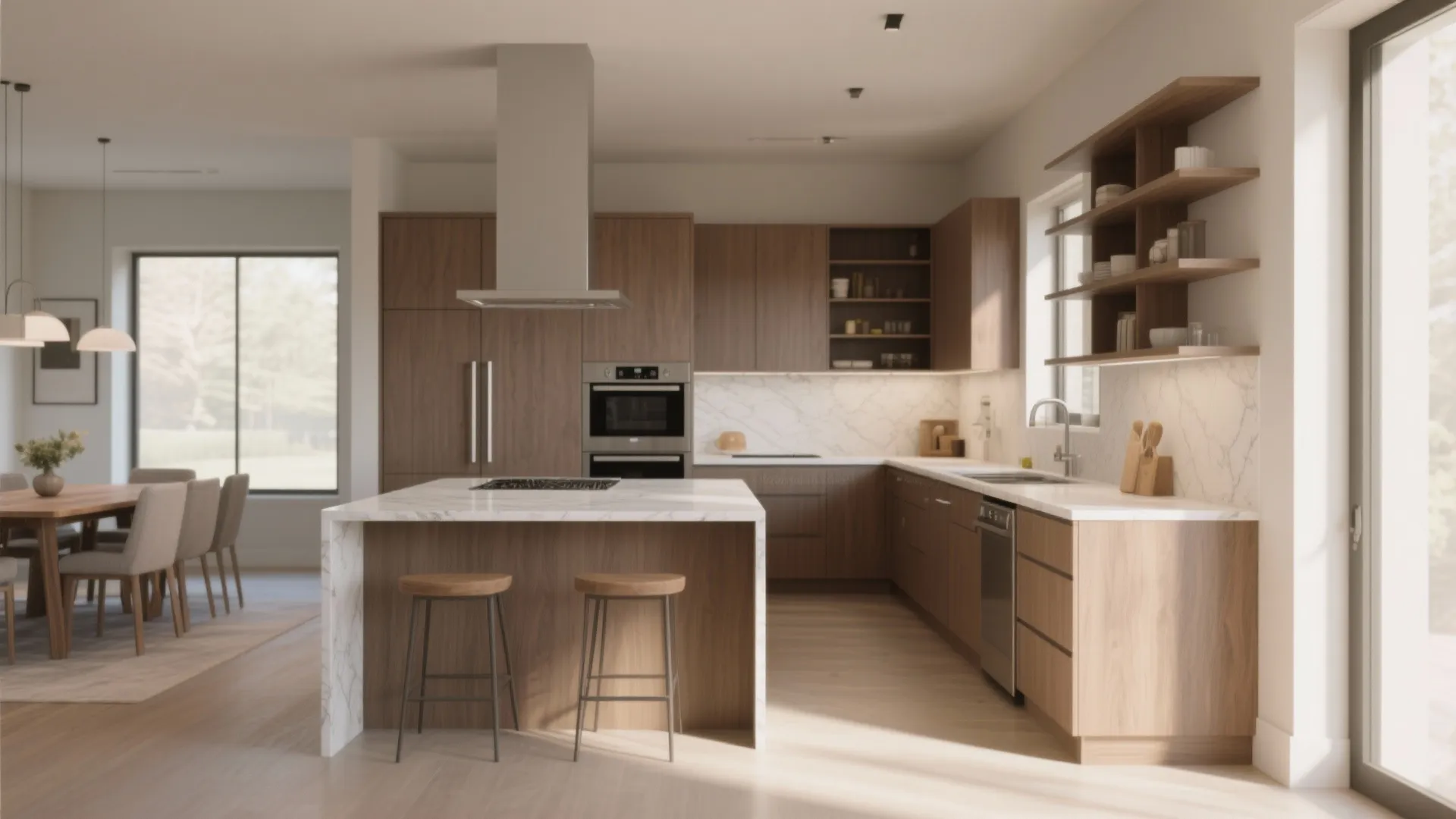 Modern kitchen with wood cabinets white marble island two bar stools and a dining table