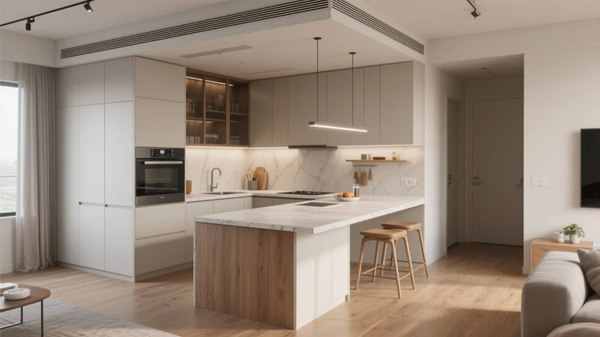 2. L-Shaped Kitchen with a Floating Island