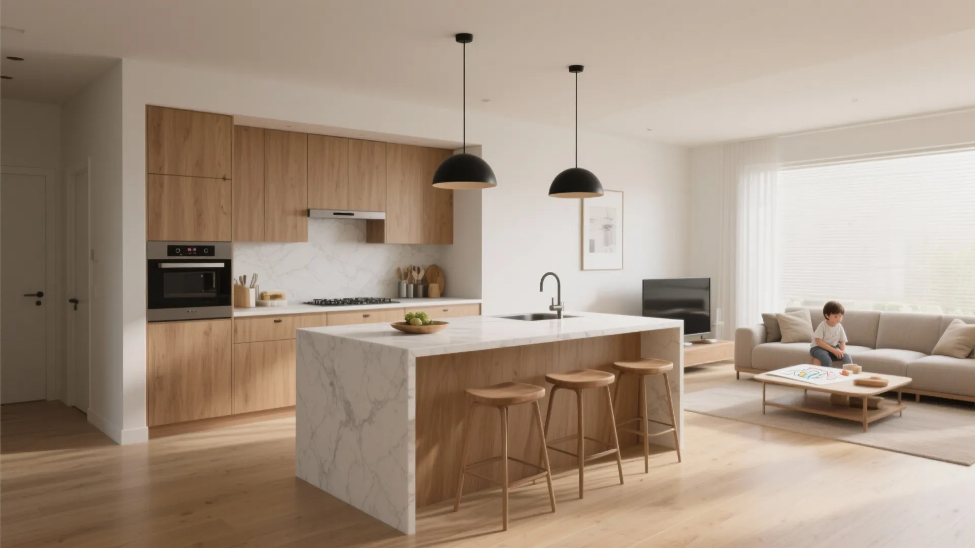 1. L-shaped kitchen with a central island and open sightlines