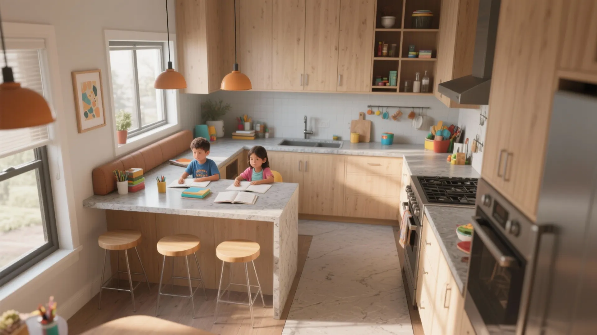 L-shaped kitchen island with wood cabinets where two children are sitting and doing their homework