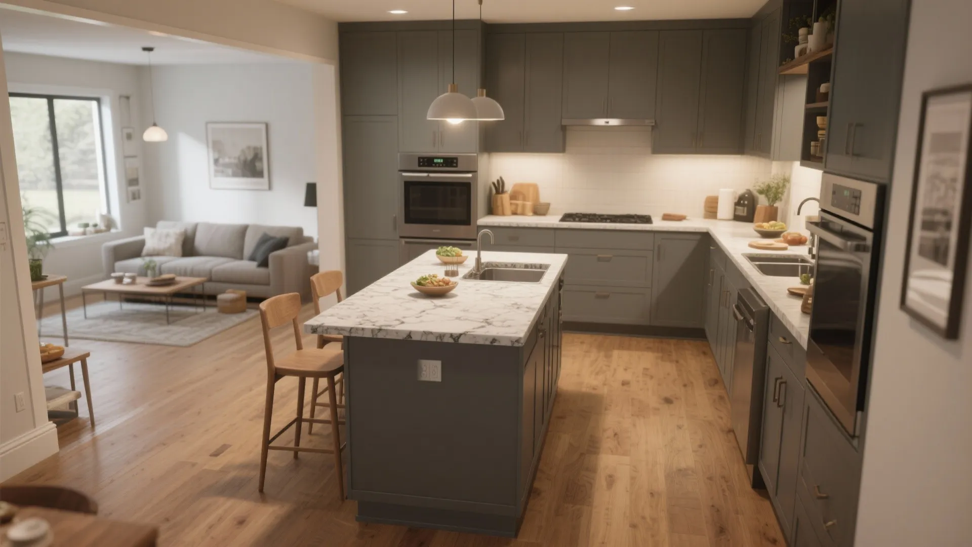 1. L-shaped kitchen with a narrow island