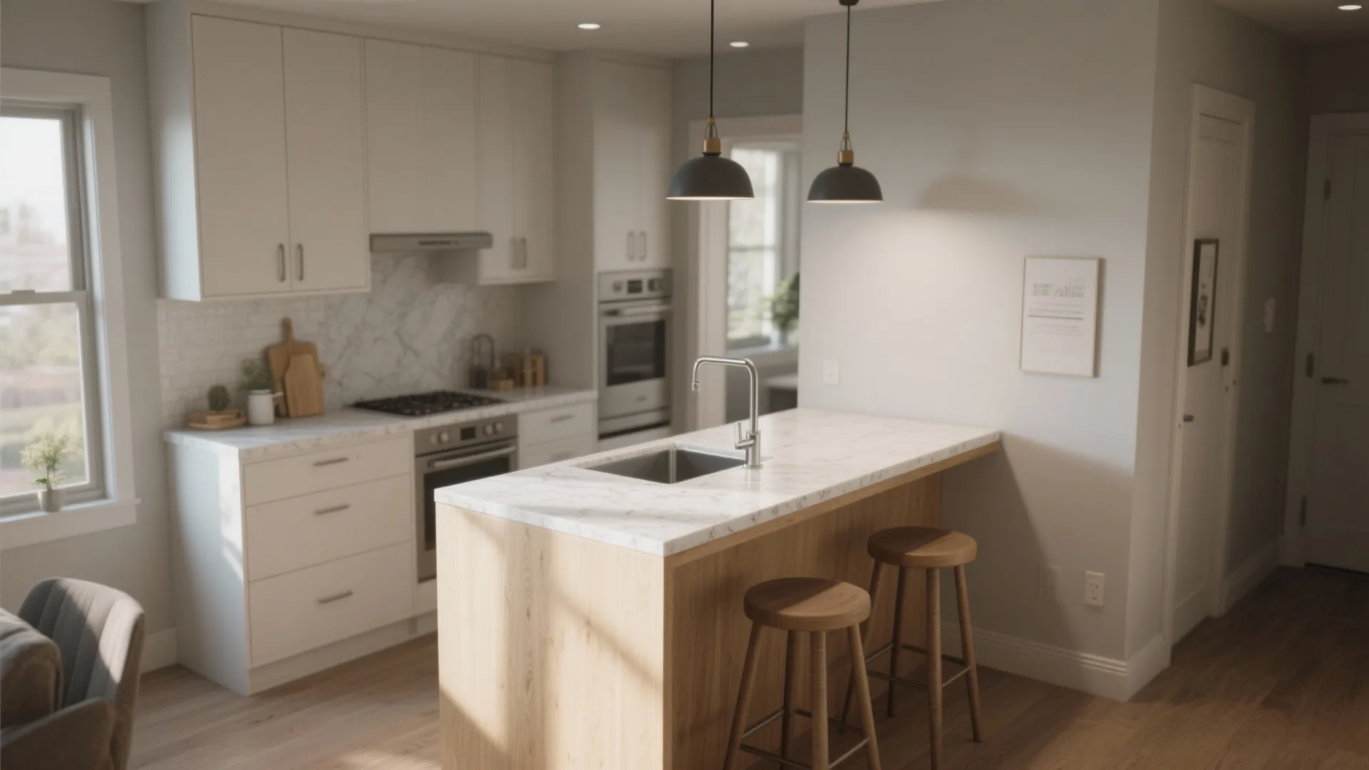 Small kitchen layout featuring white cabinets wooden island with sink two stools and black ceiling lights