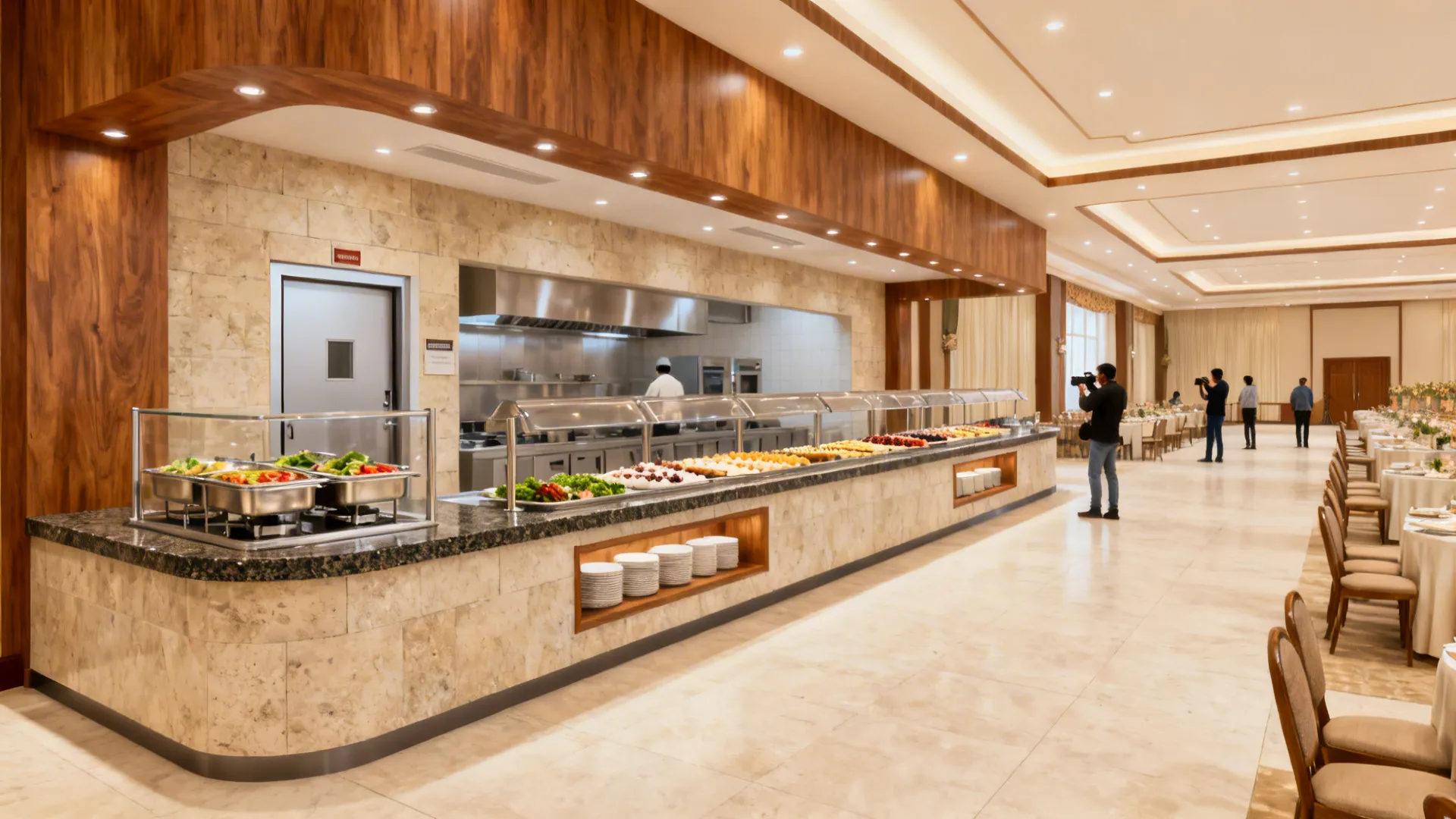 L-shaped food service islands and circulation loops