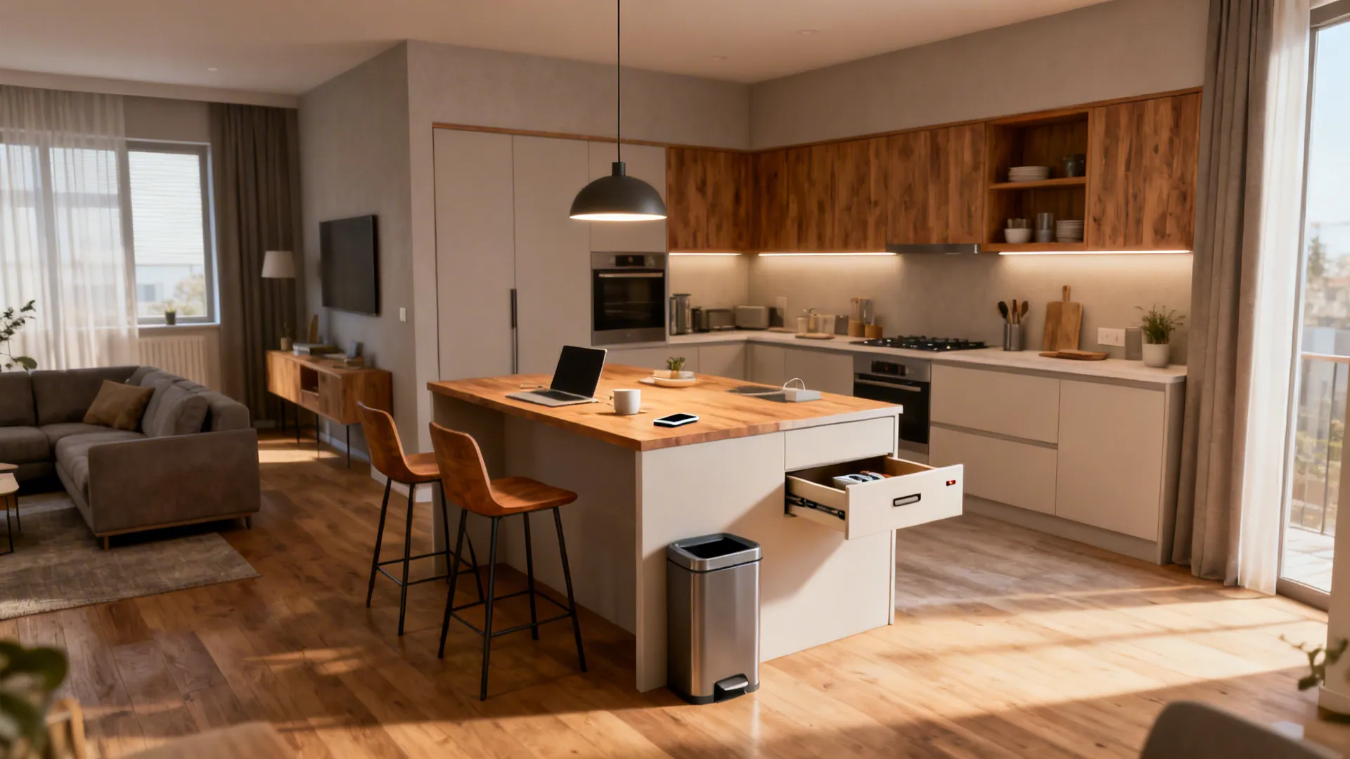 L-shaped open kitchen with compact island seating two and clear traffic paths.