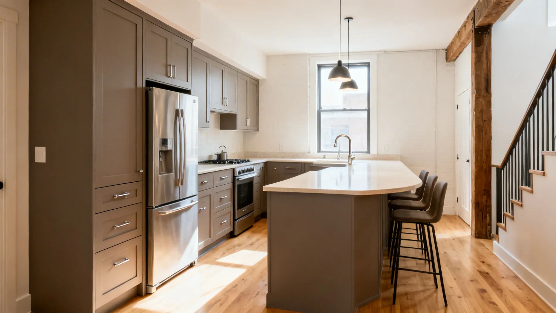 L-shaped island in a narrow loft creates a smooth circulation loop and subtle corridor.