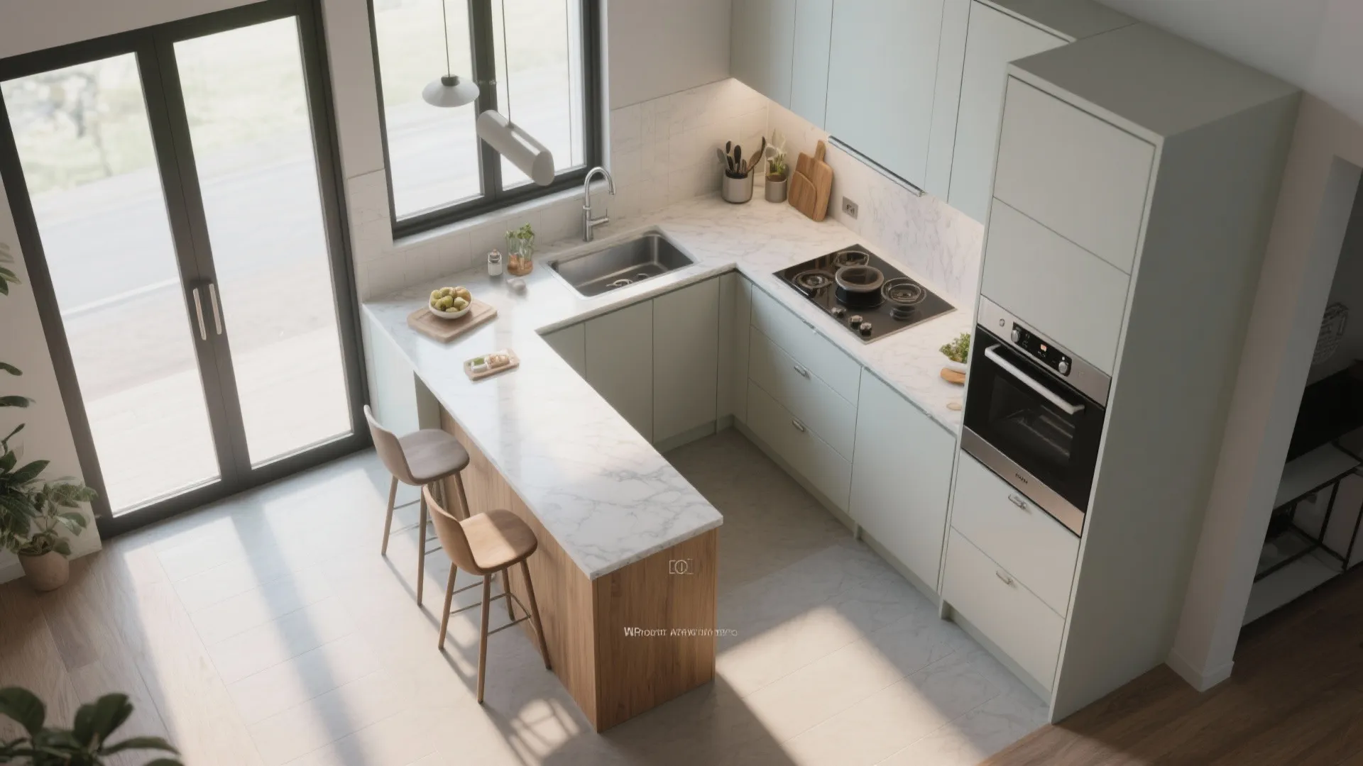 5. L-shaped mini island to free counter space and add seating