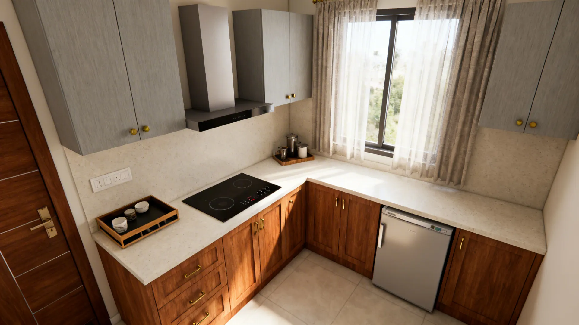 Compact L-shaped Jaipur kitchen with matte cabinets, quartz counters, and corner solution.