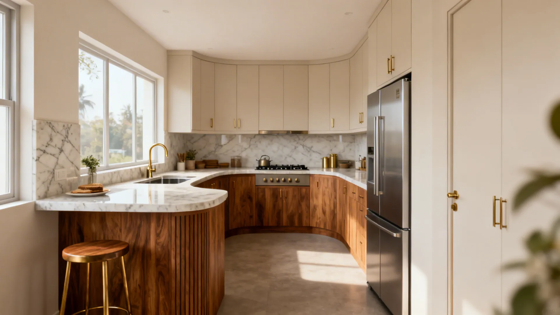 Compact Kerala kitchen with an L-shaped layout, breakfast perch, and clear work triangle.