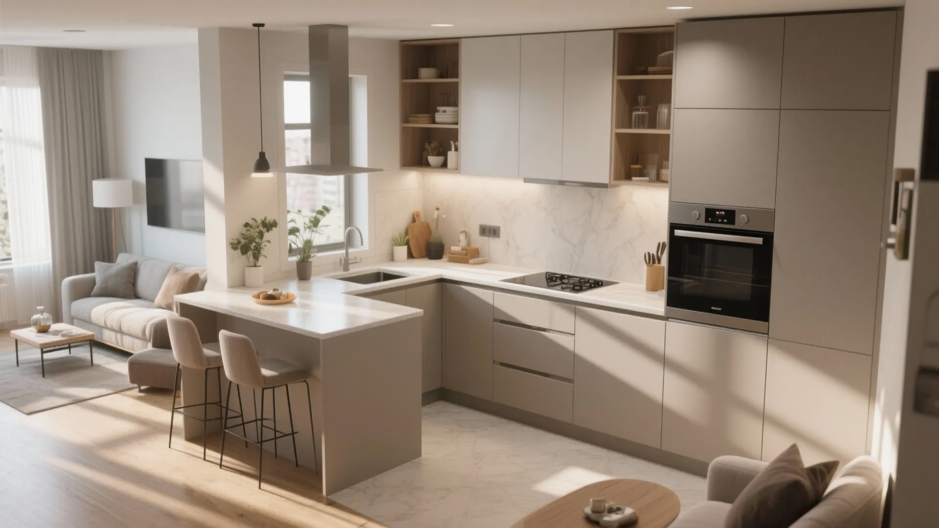 Modern cream L-shaped kitchen with marble backsplash, wooden shelves, breakfast bar, and two beige chairs
