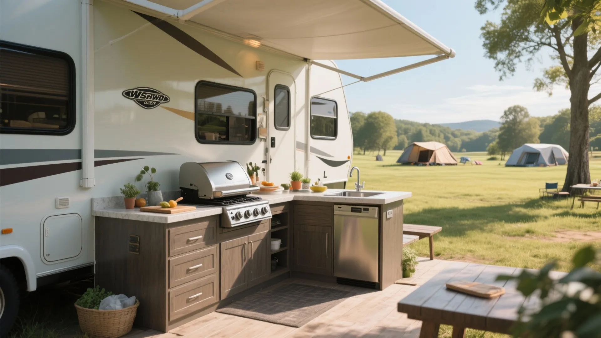 Outdoor kitchen area with grill sink and cabinets set up beside a white travel trailer