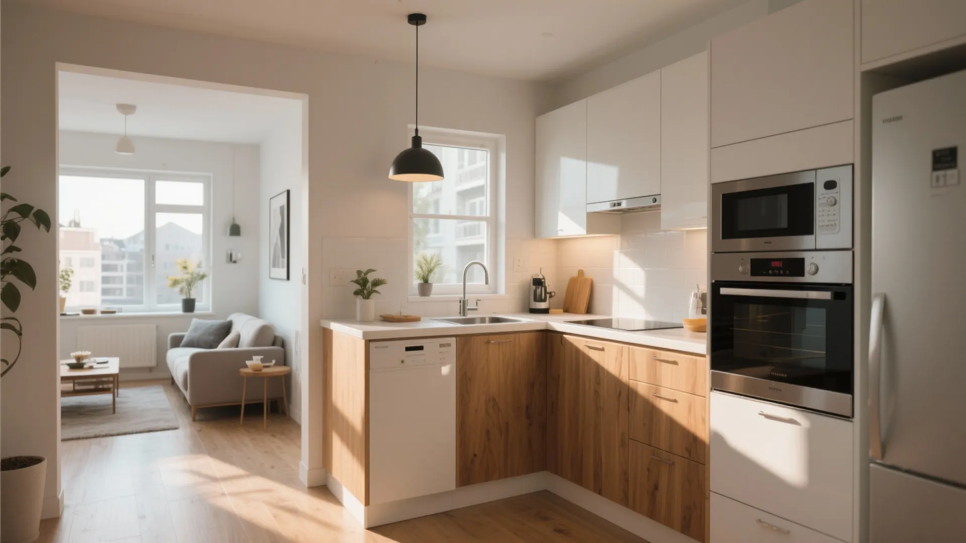 Modern L-shaped kitchen with wooden cabinets white counters black ceiling light and open living room