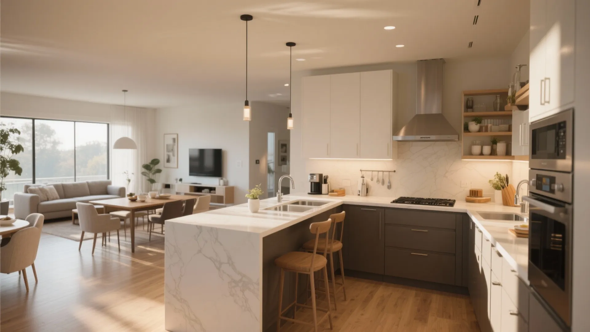 Modern kitchen with white marble island wood stools grey cabinets and open view to living room