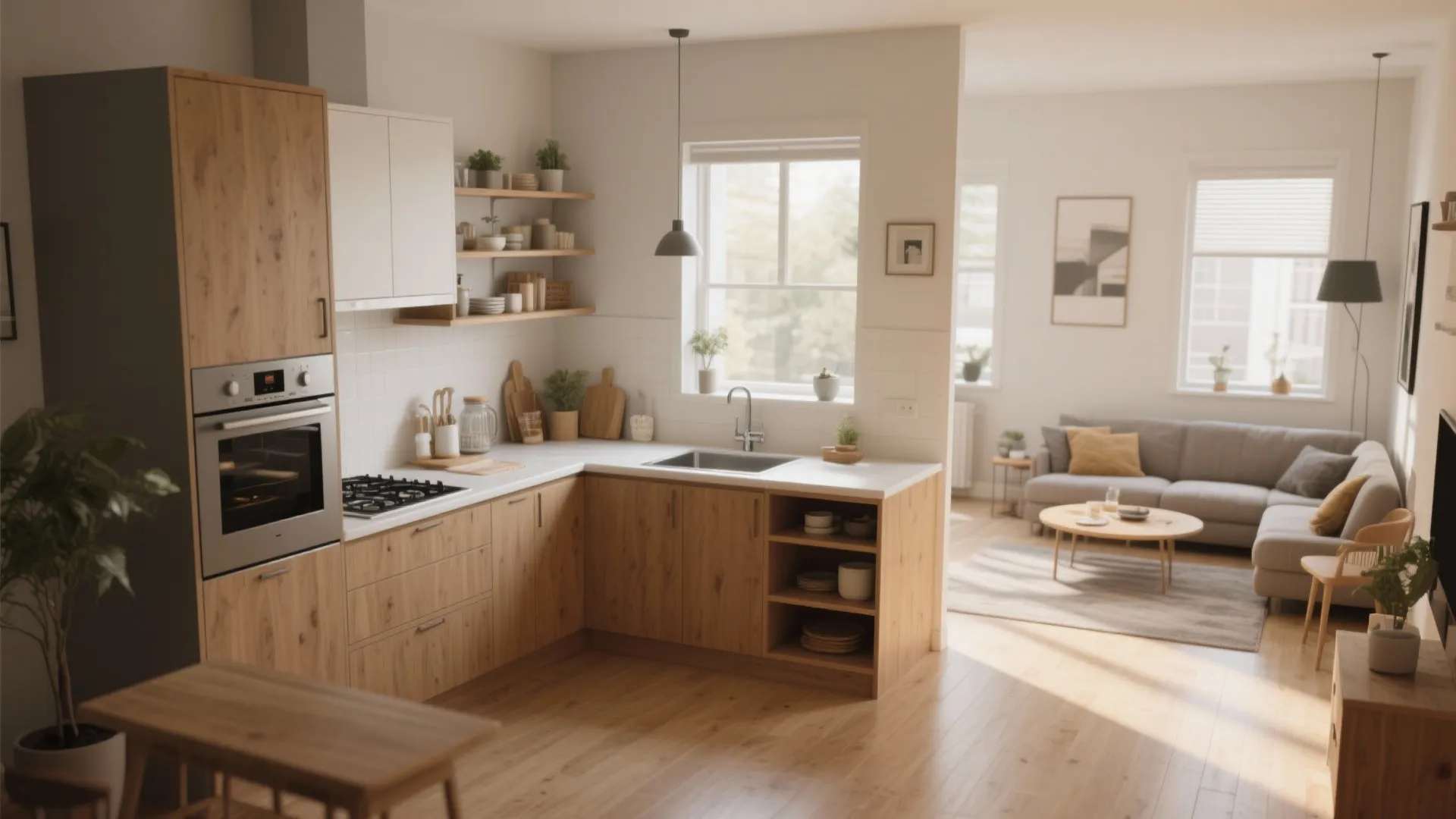 Modern L-shaped kitchen with wooden cabinets white countertop sink oven and open plan living room view