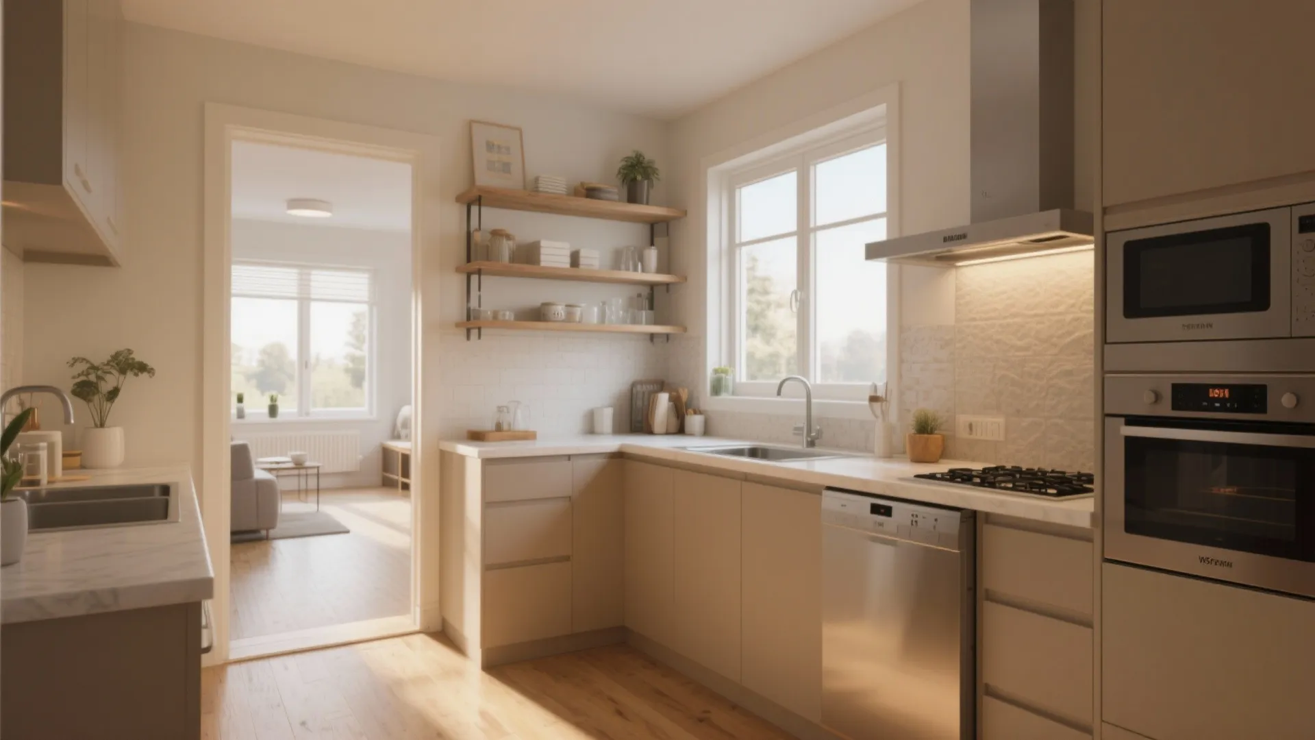 Cozy kitchen with light wood cabinets and open shelves near window leading to living room