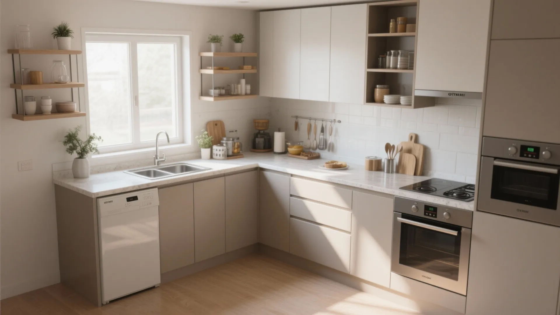 Modern kitchen with white cabinets, wooden wall shelves, grey oven, stove, dishwasher, and bright window