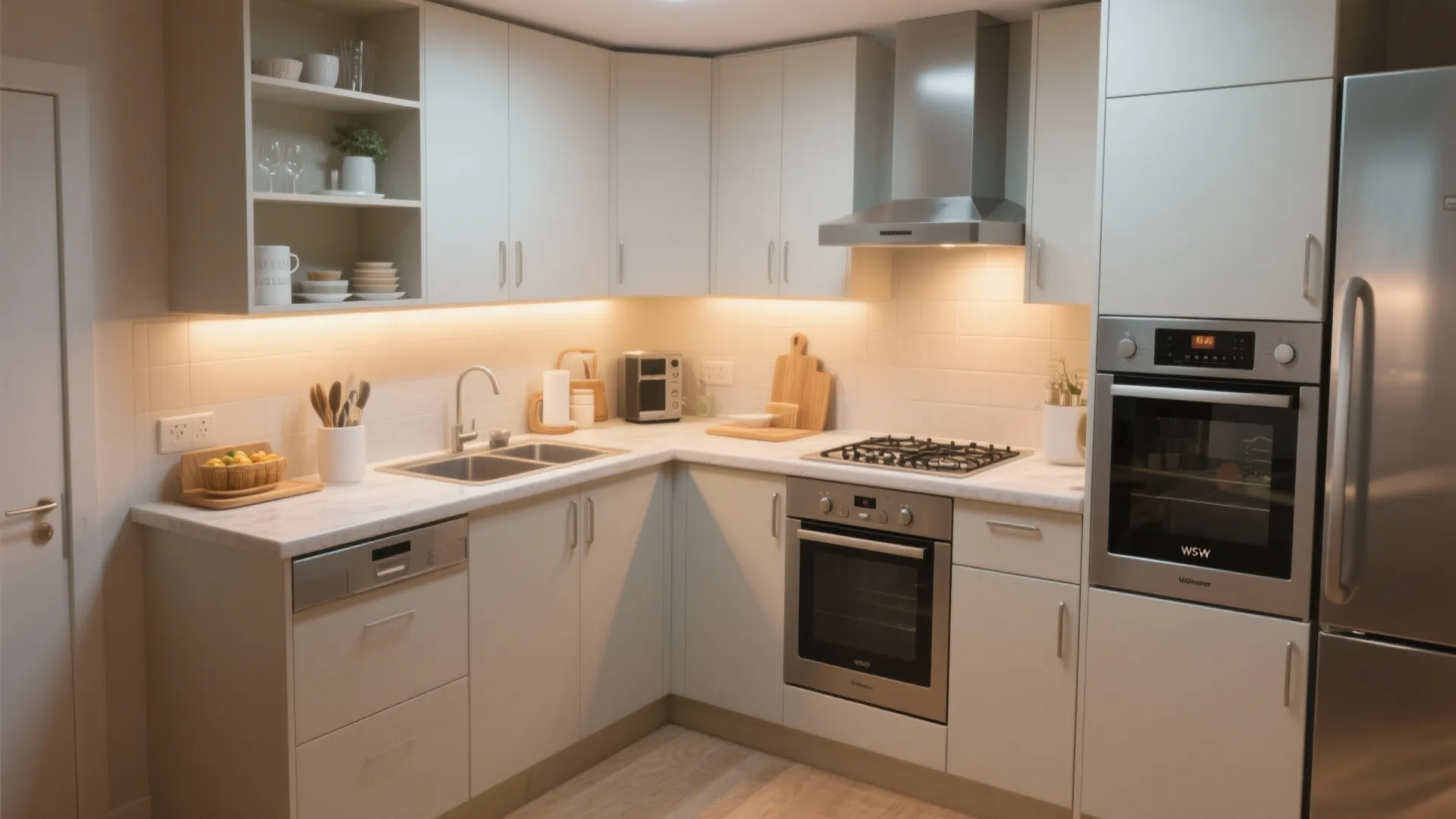 Modern L-shaped kitchen with white cabinets stainless steel oven gas stove sink and warm lighting