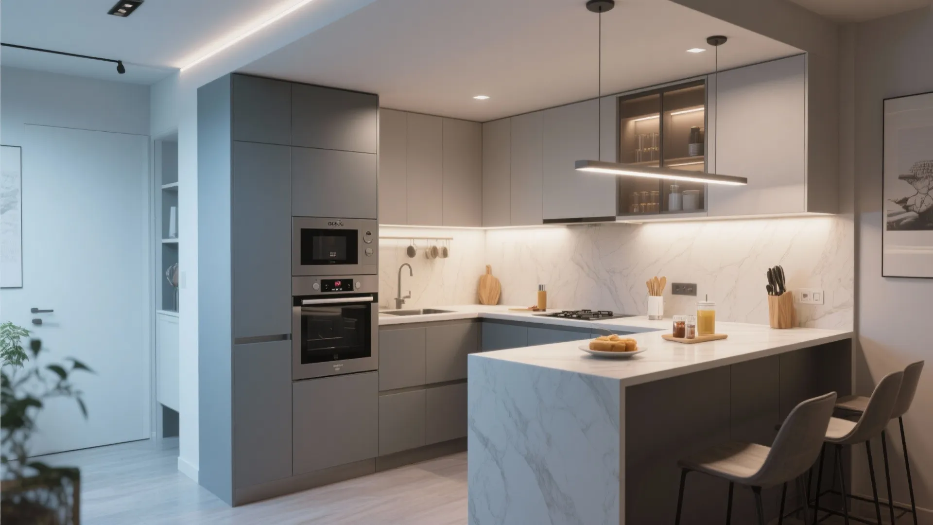 Modern grey kitchen design with marble island built in oven light fixture and breakfast bar chairs