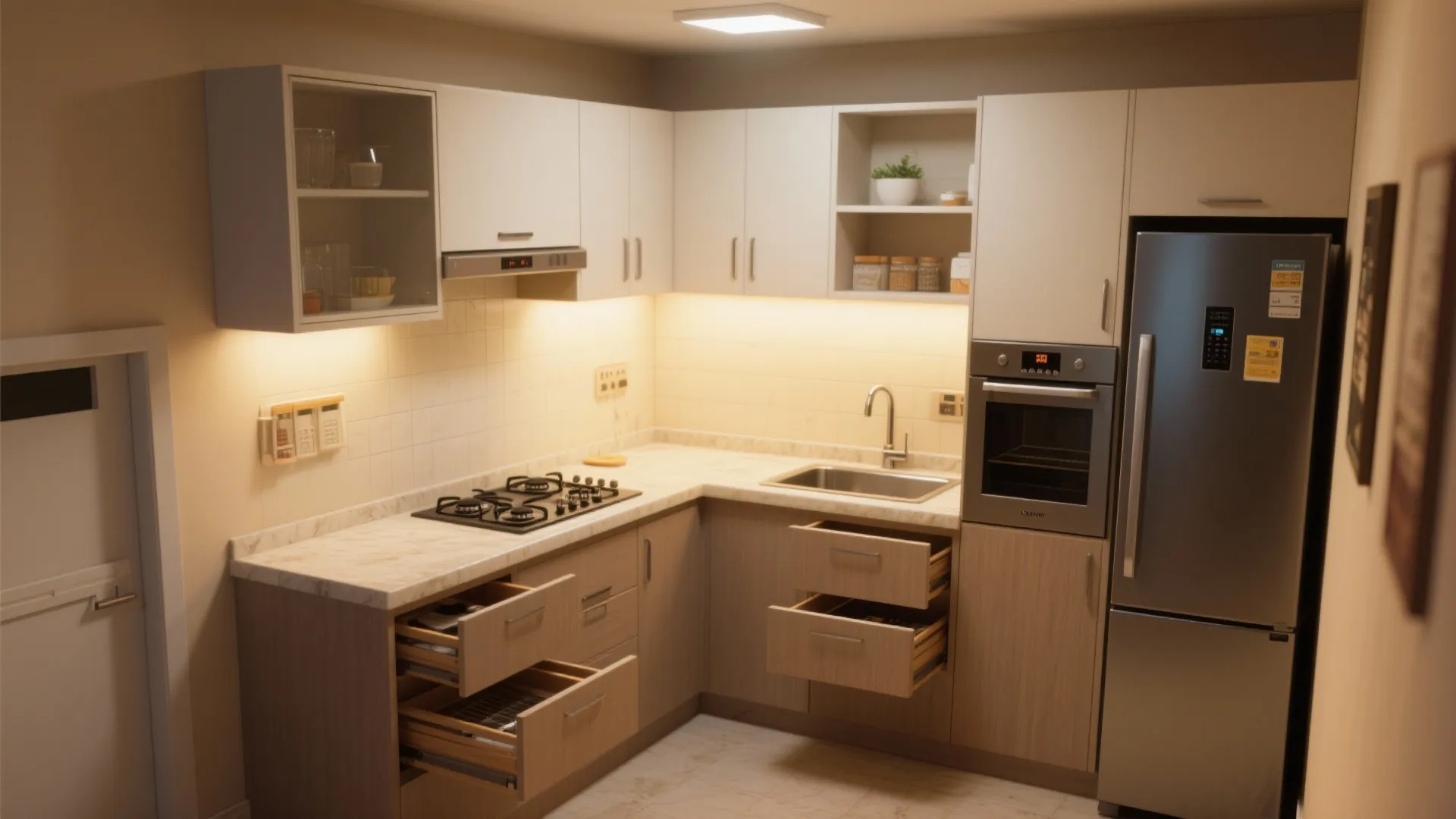 Modern L-shaped kitchen with beige cabinets, open drawers, marble countertop, gas stove, sink, and refrigerator