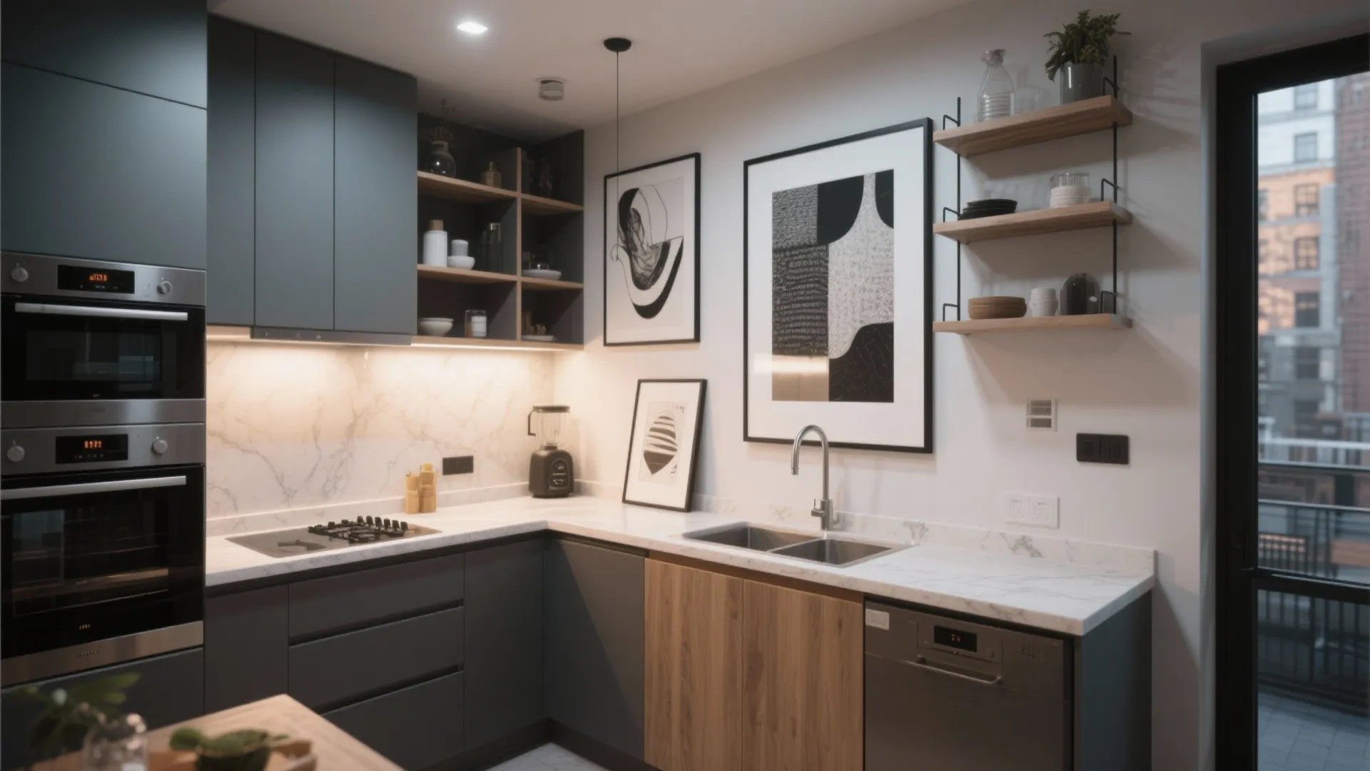 L-shaped layouts for living and kitchen zones