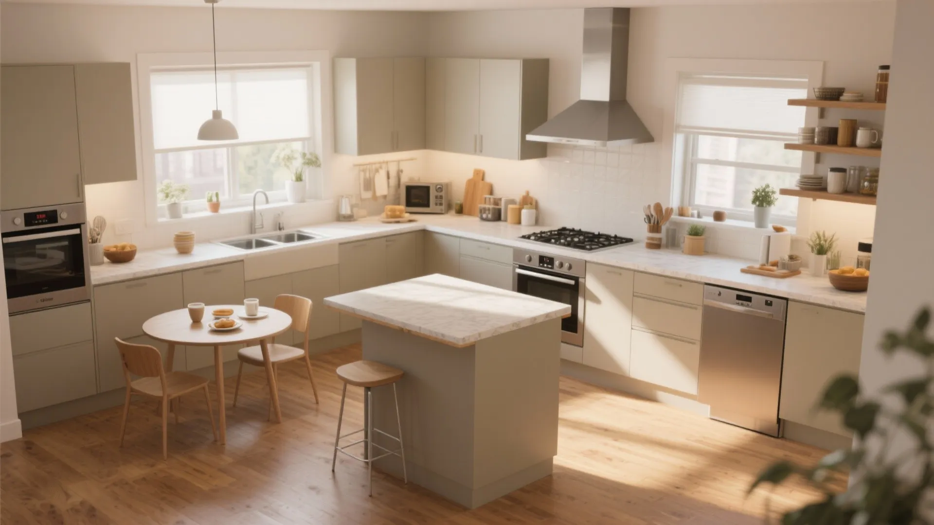 Functional L-shaped kitchen with prep zones and a breakfast table
