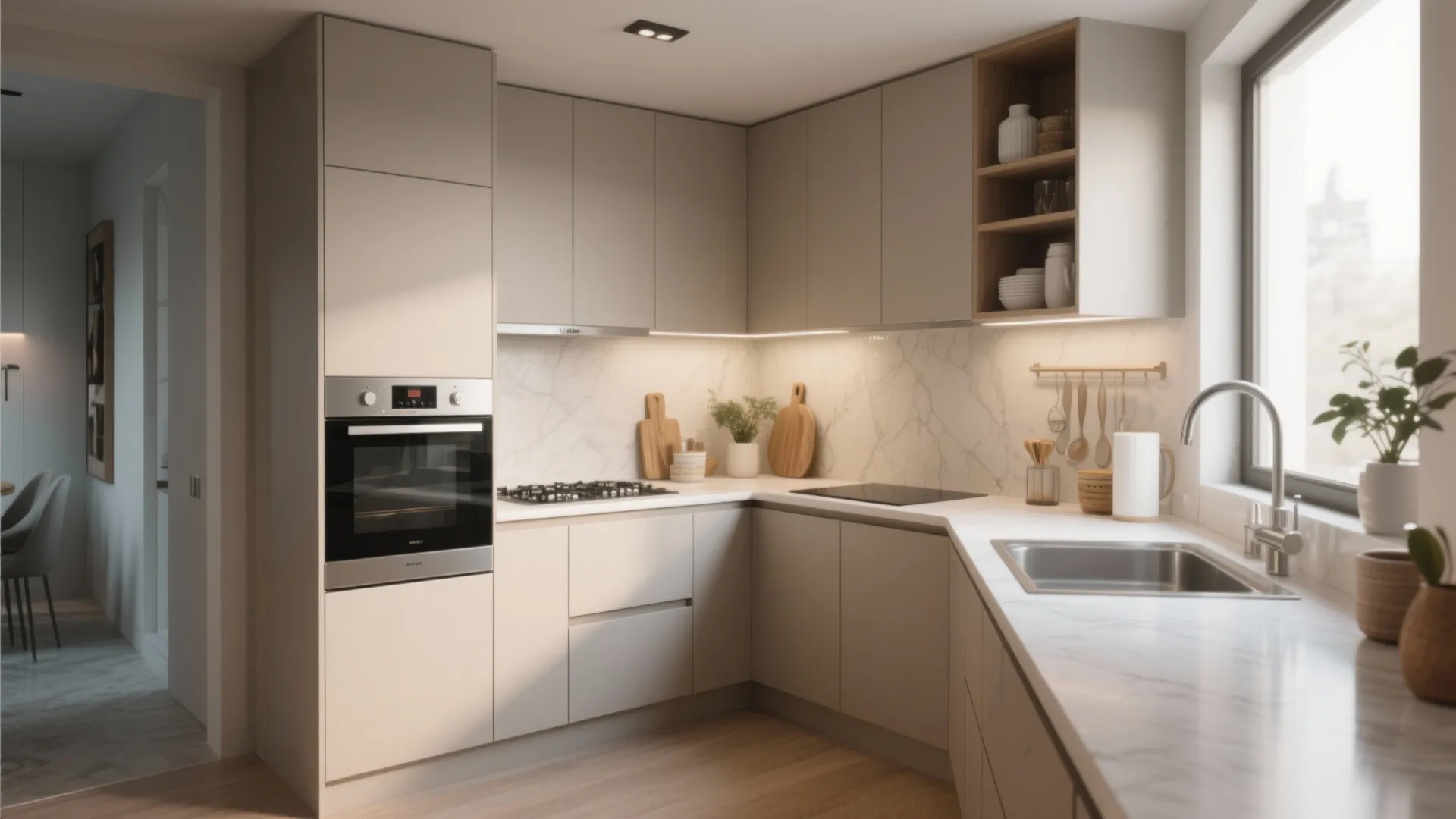 L shaped kitchen design with beige cabinets marble backsplash stainless steel sink and window view