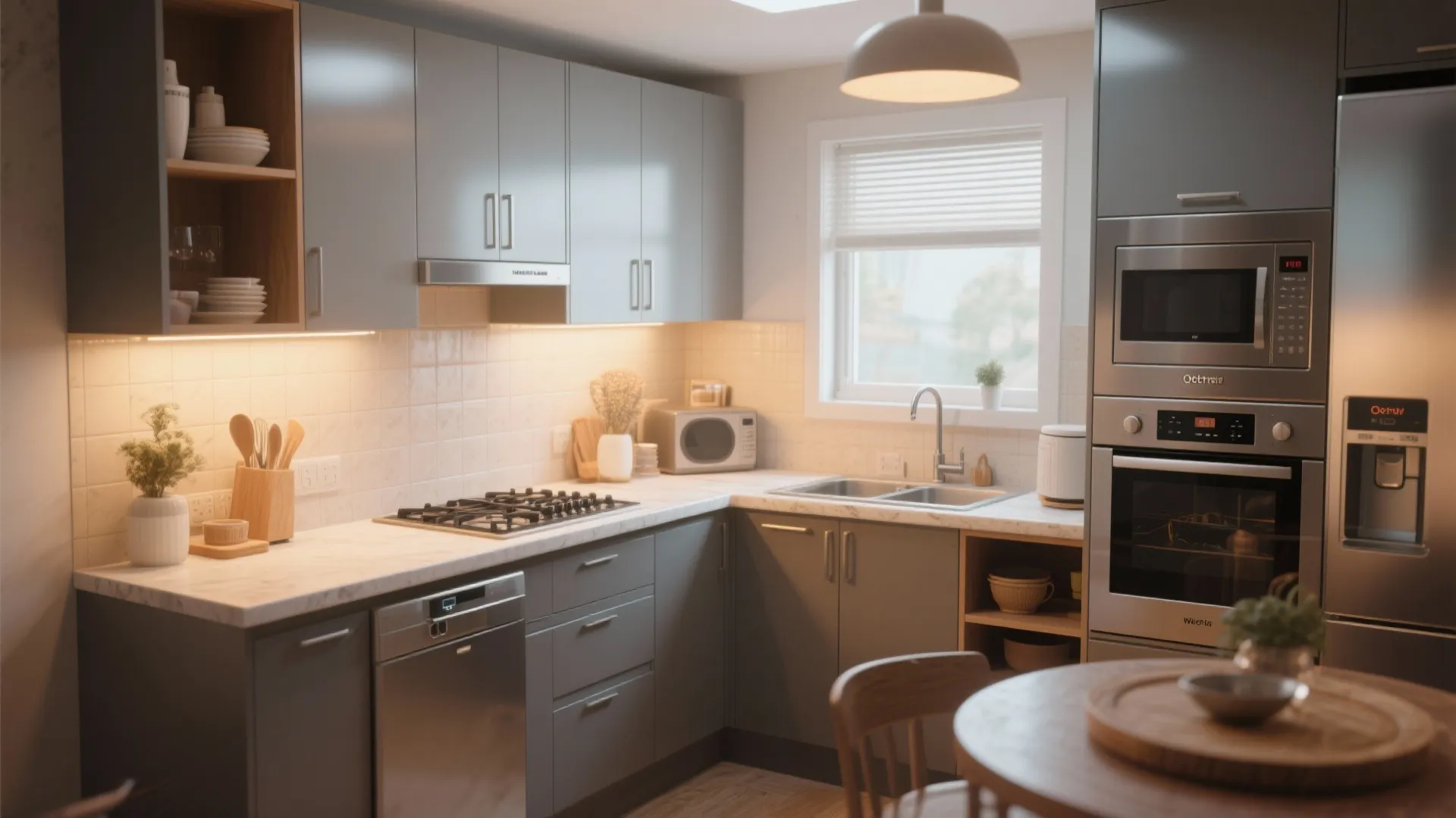 Grey L-shaped kitchen layout featuring built-in oven and microwave with white marble countertop and sink