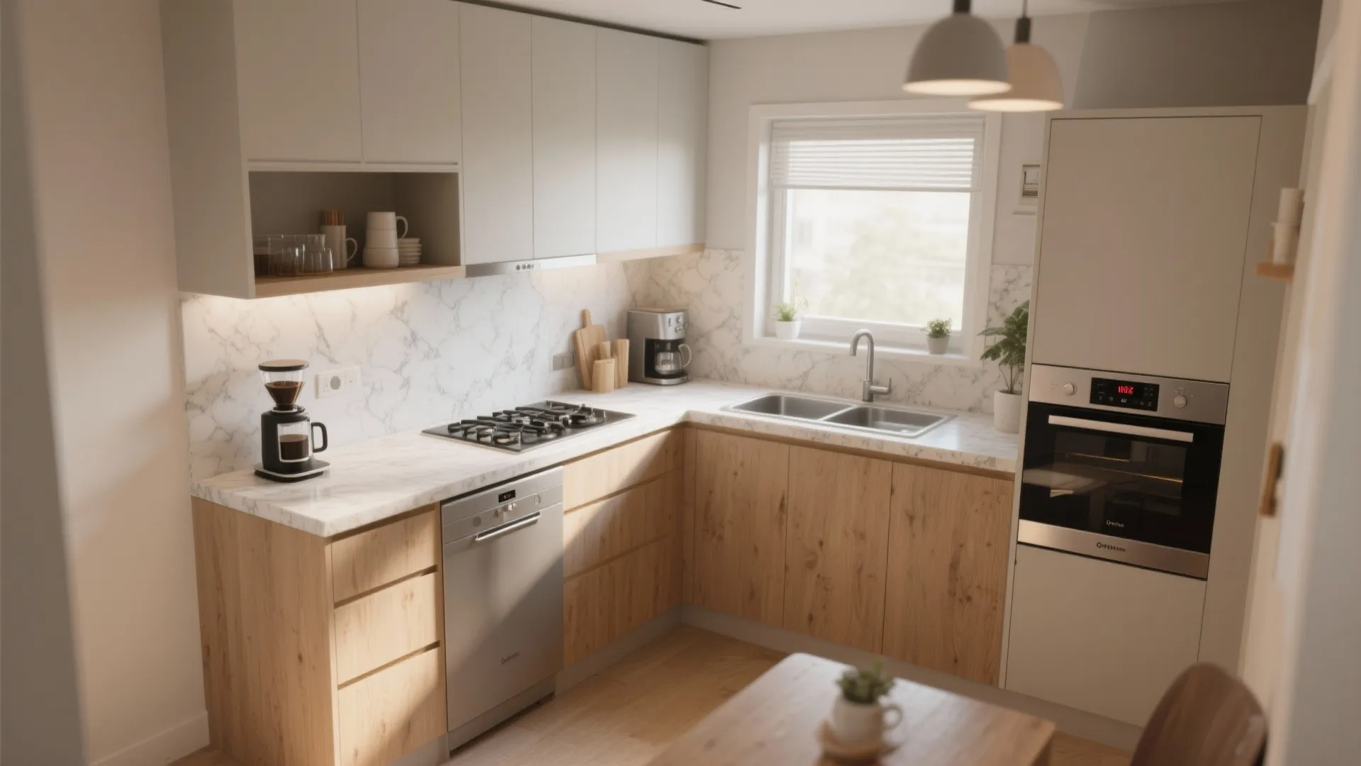 L shaped kitchen with wooden cabinets marble backsplash stove oven dishwasher and two white ceiling lights