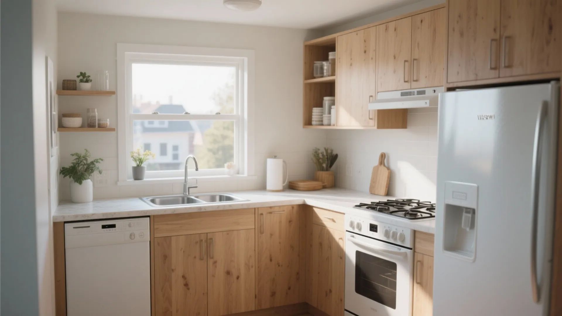 Modern L-shaped kitchen with wooden cabinets, white appliances, marble countertop, window, and bright natural lighting